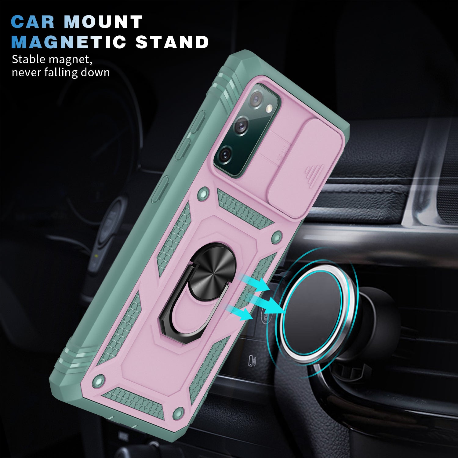 Camera Slider Design 3-in-1 TPU + PC + Metal Phone Cover Case for Samsung Galaxy S20 FE 2022/S20 FE 4G/S20 FE 5G/S20 Lite - Pink/Green