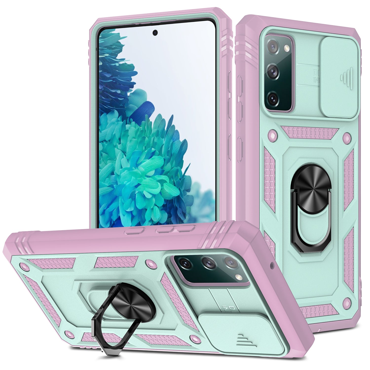 Camera Slider Design 3-in-1 TPU + PC + Metal Phone Cover Case for Samsung Galaxy S20 FE 2022/S20 FE 4G/S20 FE 5G/S20 Lite - Green/Pink