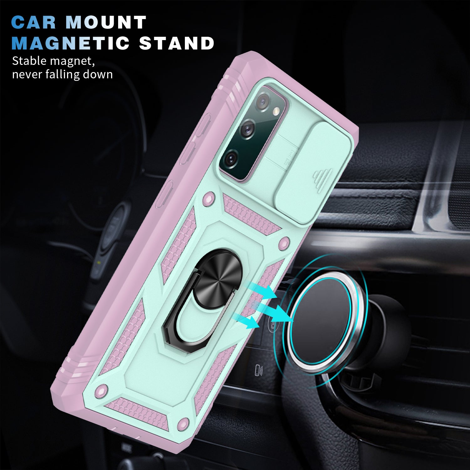 Camera Slider Design 3-in-1 TPU + PC + Metal Phone Cover Case for Samsung Galaxy S20 FE 2022/S20 FE 4G/S20 FE 5G/S20 Lite - Green/Pink