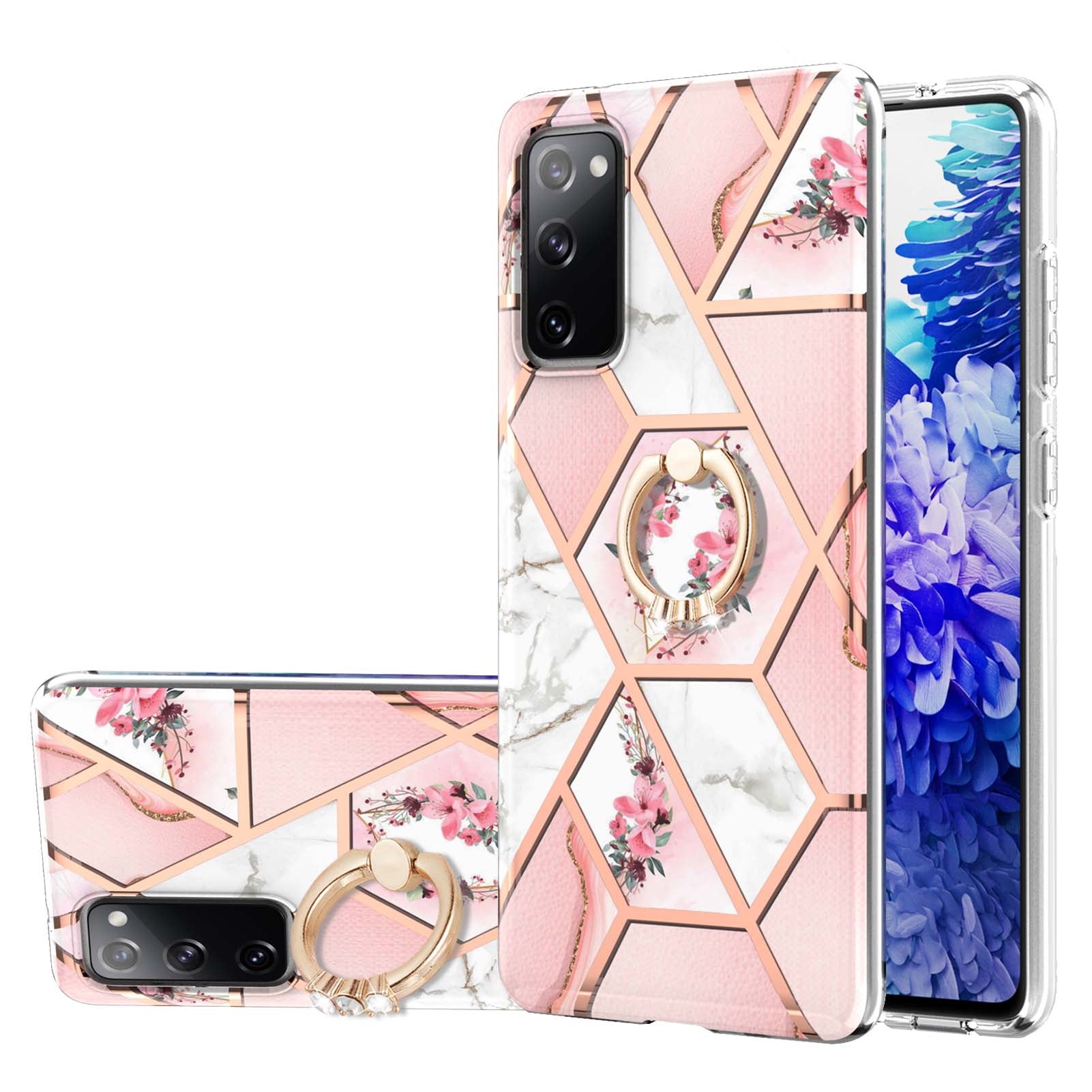 Anti-Drop Durable Shockproof Anti-Yellow IMD Light Marble Pattern TPU Phone Case with Ring Kickstand for Samsung Galaxy S20 FE 2022/S20 FE 4G/S20 FE 5G/S20 Lite - Pink Flowers