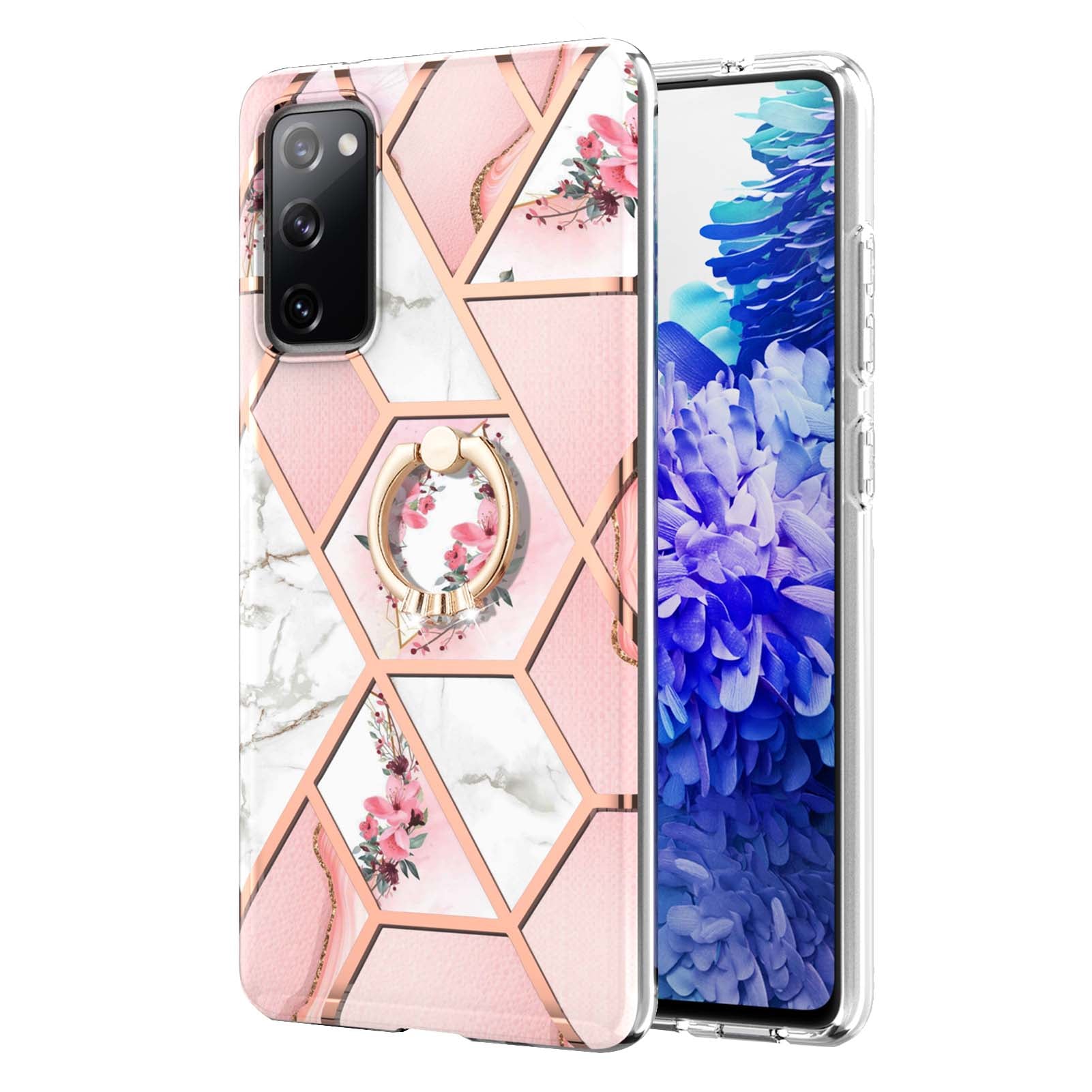 Anti-Drop Durable Shockproof Anti-Yellow IMD Light Marble Pattern TPU Phone Case with Ring Kickstand for Samsung Galaxy S20 FE 2022/S20 FE 4G/S20 FE 5G/S20 Lite - Pink Flowers