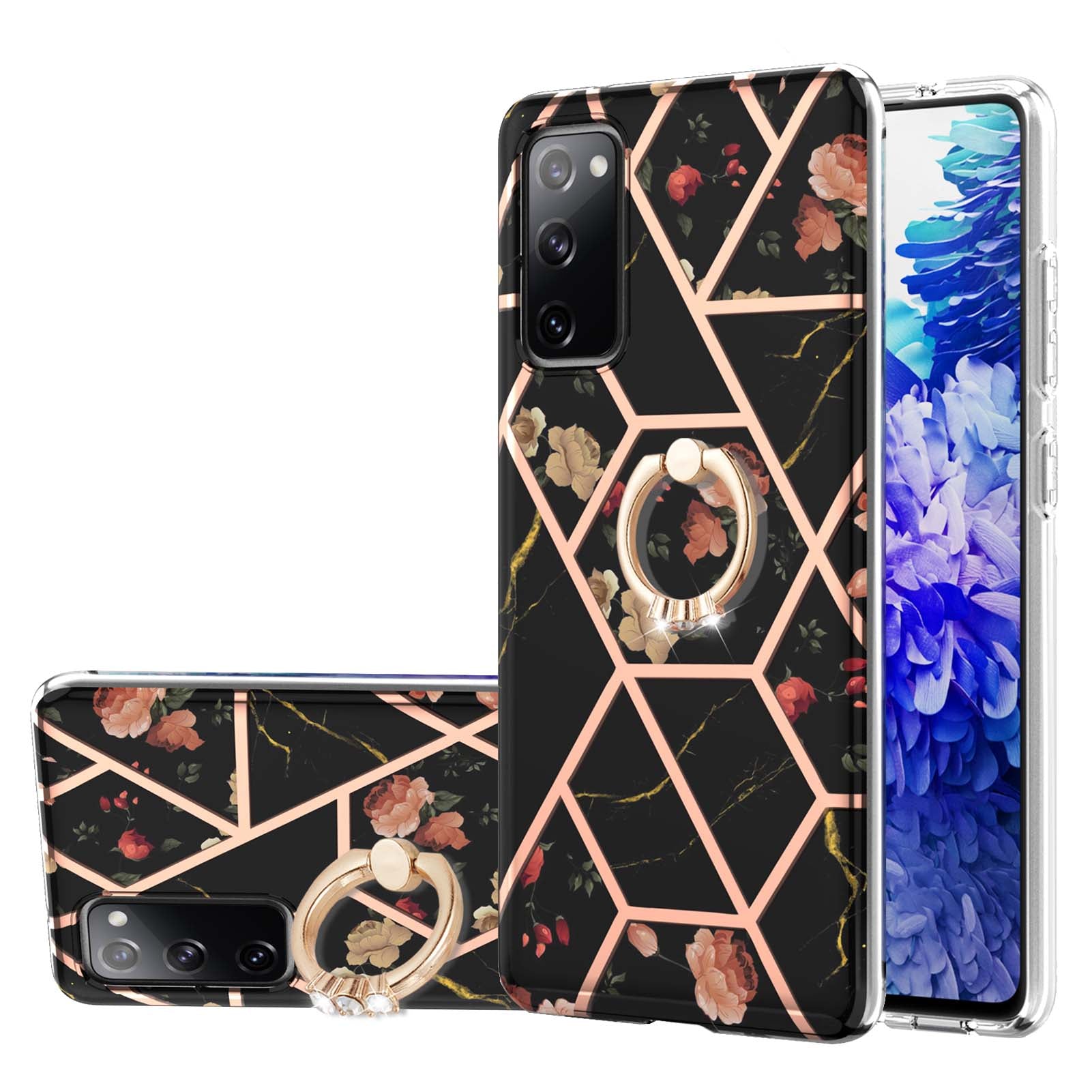 Anti-Drop Durable Shockproof Anti-Yellow IMD Light Marble Pattern TPU Phone Case with Ring Kickstand for Samsung Galaxy S20 FE 2022/S20 FE 4G/S20 FE 5G/S20 Lite - Black Flowers