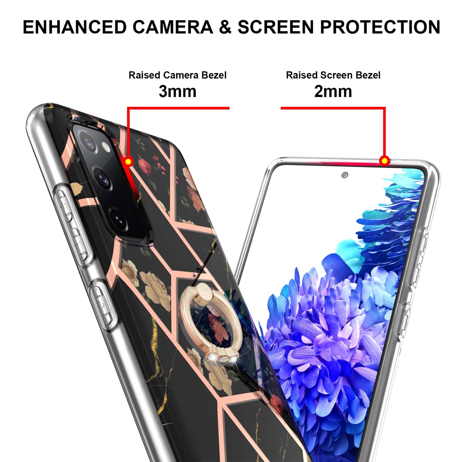 Anti-Drop Durable Shockproof Anti-Yellow IMD Light Marble Pattern TPU Phone Case with Ring Kickstand for Samsung Galaxy S20 FE 2022/S20 FE 4G/S20 FE 5G/S20 Lite - Black Flowers