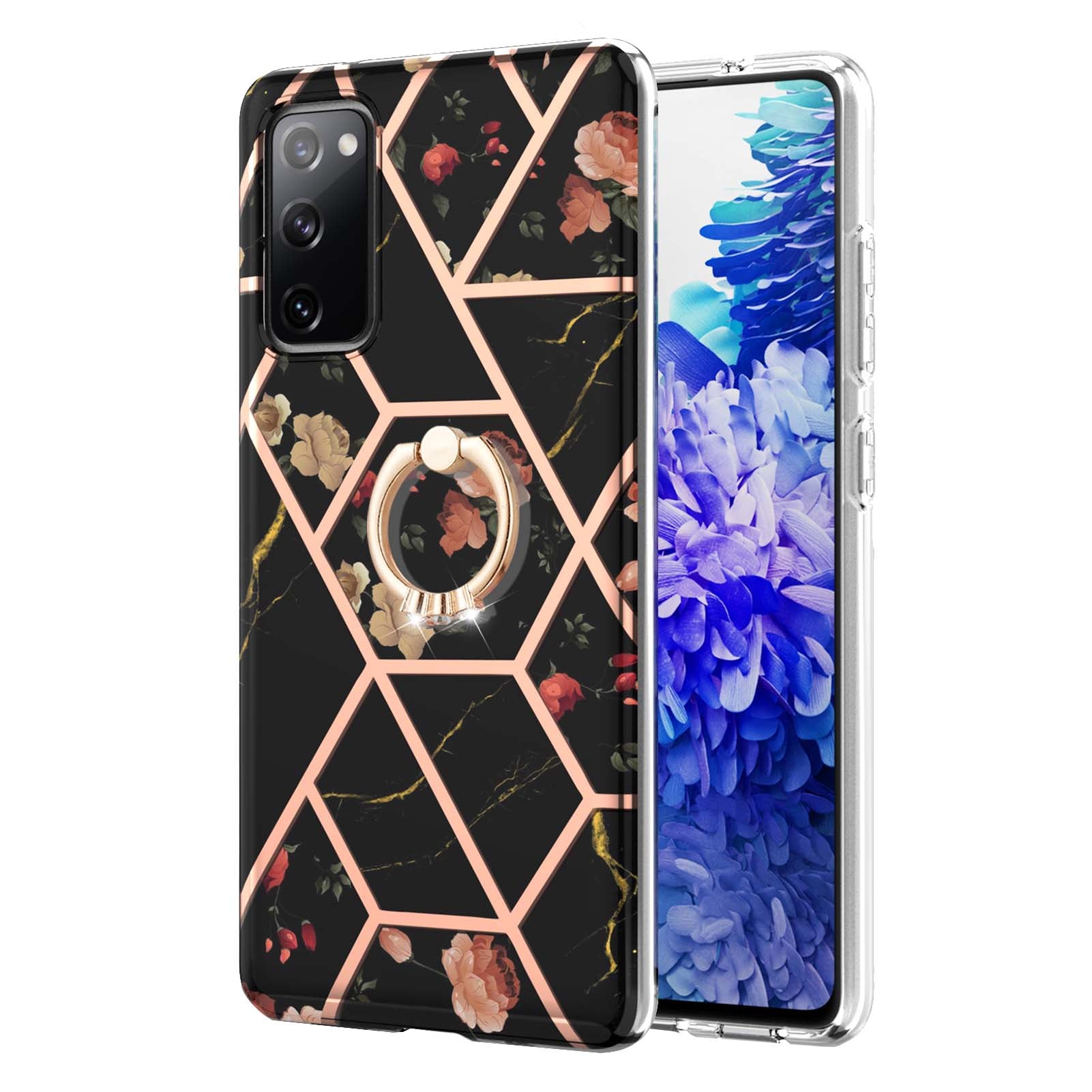 Anti-Drop Durable Shockproof Anti-Yellow IMD Light Marble Pattern TPU Phone Case with Ring Kickstand for Samsung Galaxy S20 FE 2022/S20 FE 4G/S20 FE 5G/S20 Lite - Black Flowers