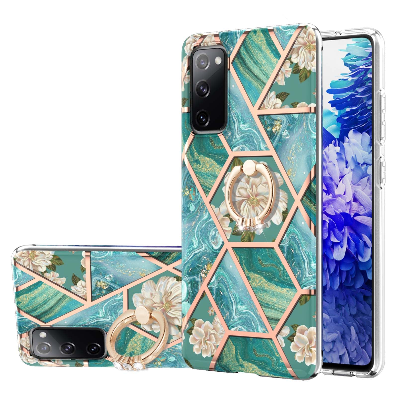 Anti-Drop Durable Shockproof Anti-Yellow IMD Light Marble Pattern TPU Phone Case with Ring Kickstand for Samsung Galaxy S20 FE 2022/S20 FE 4G/S20 FE 5G/S20 Lite - Blue Flowers