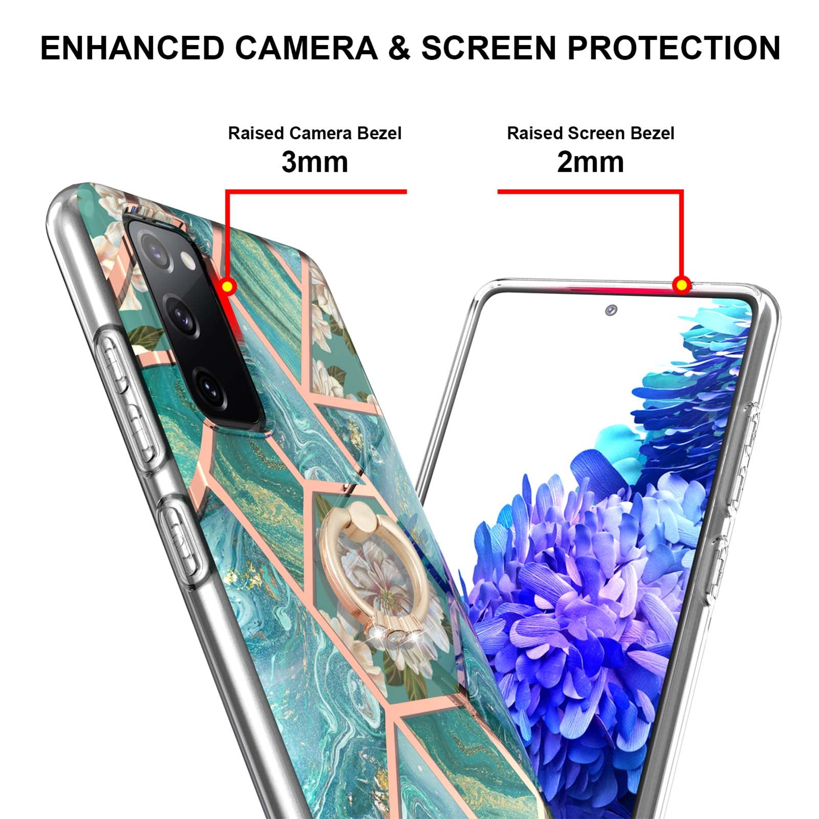 Anti-Drop Durable Shockproof Anti-Yellow IMD Light Marble Pattern TPU Phone Case with Ring Kickstand for Samsung Galaxy S20 FE 2022/S20 FE 4G/S20 FE 5G/S20 Lite - Blue Flowers