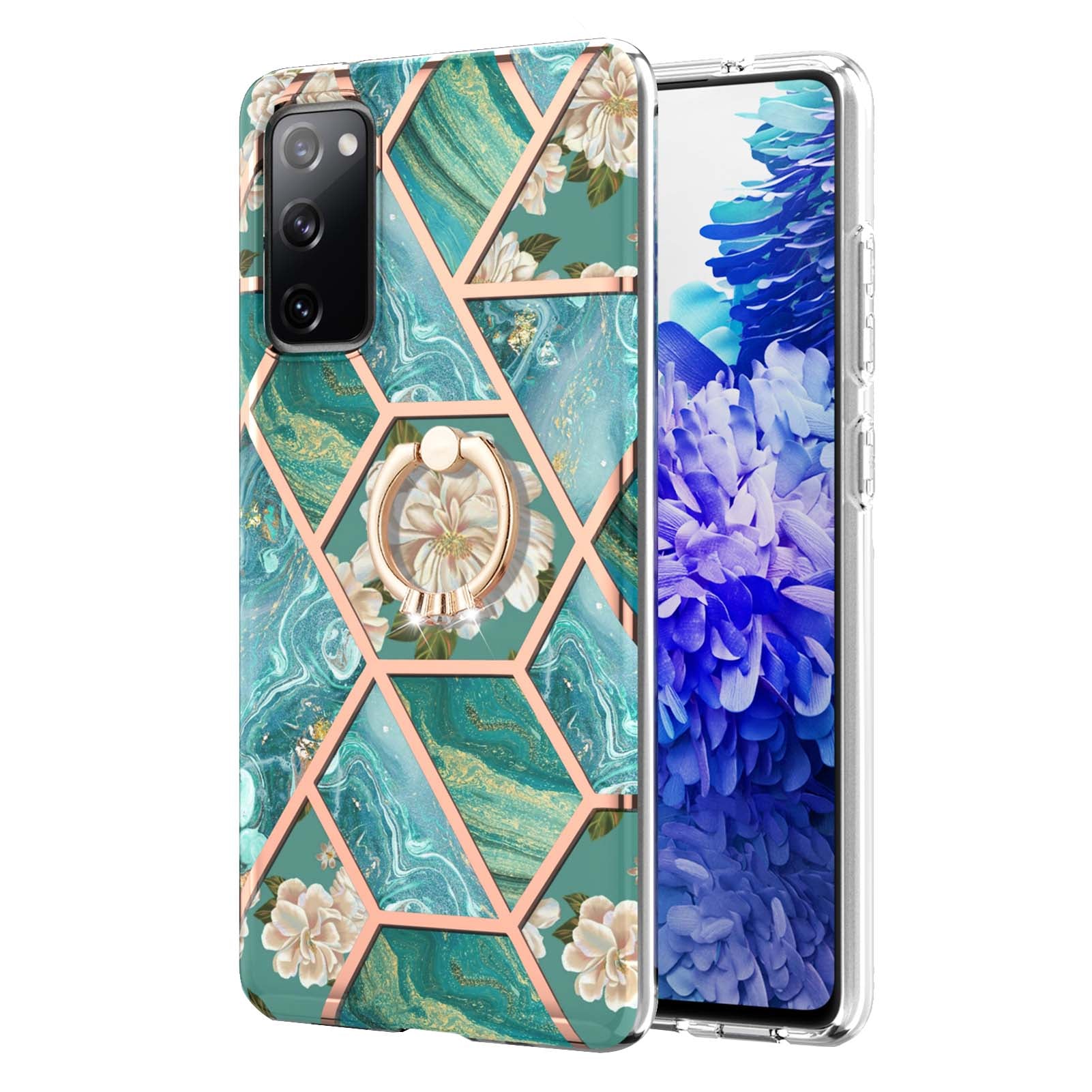 Anti-Drop Durable Shockproof Anti-Yellow IMD Light Marble Pattern TPU Phone Case with Ring Kickstand for Samsung Galaxy S20 FE 2022/S20 FE 4G/S20 FE 5G/S20 Lite - Blue Flowers