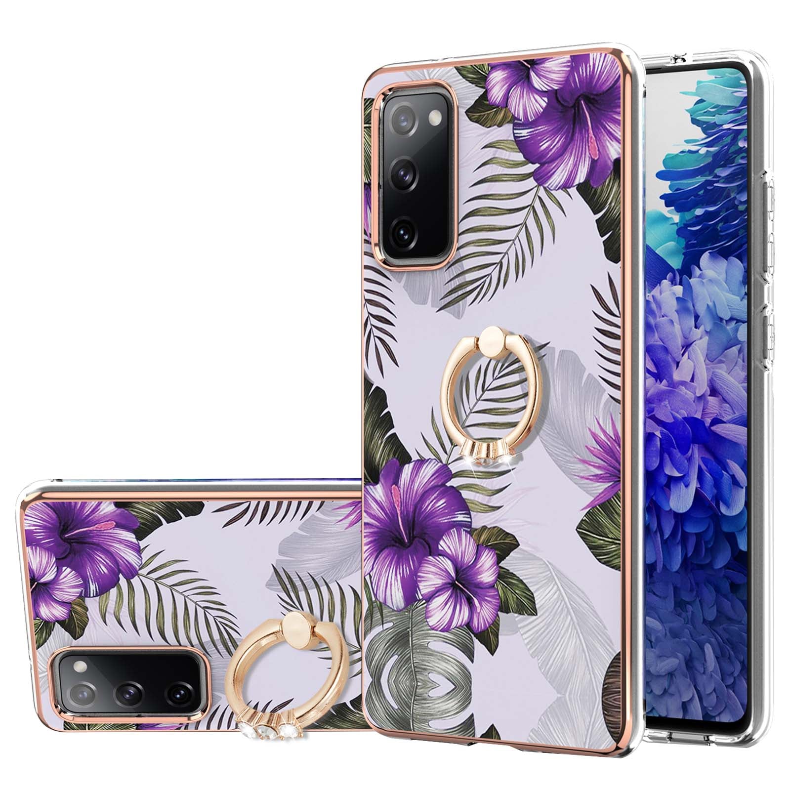 Anti-Drop Durable Shockproof Anti-Yellow IMD Light Marble Pattern TPU Phone Case with Ring Kickstand for Samsung Galaxy S20 FE 2022/S20 FE 4G/S20 FE 5G/S20 Lite - Purple Flowers