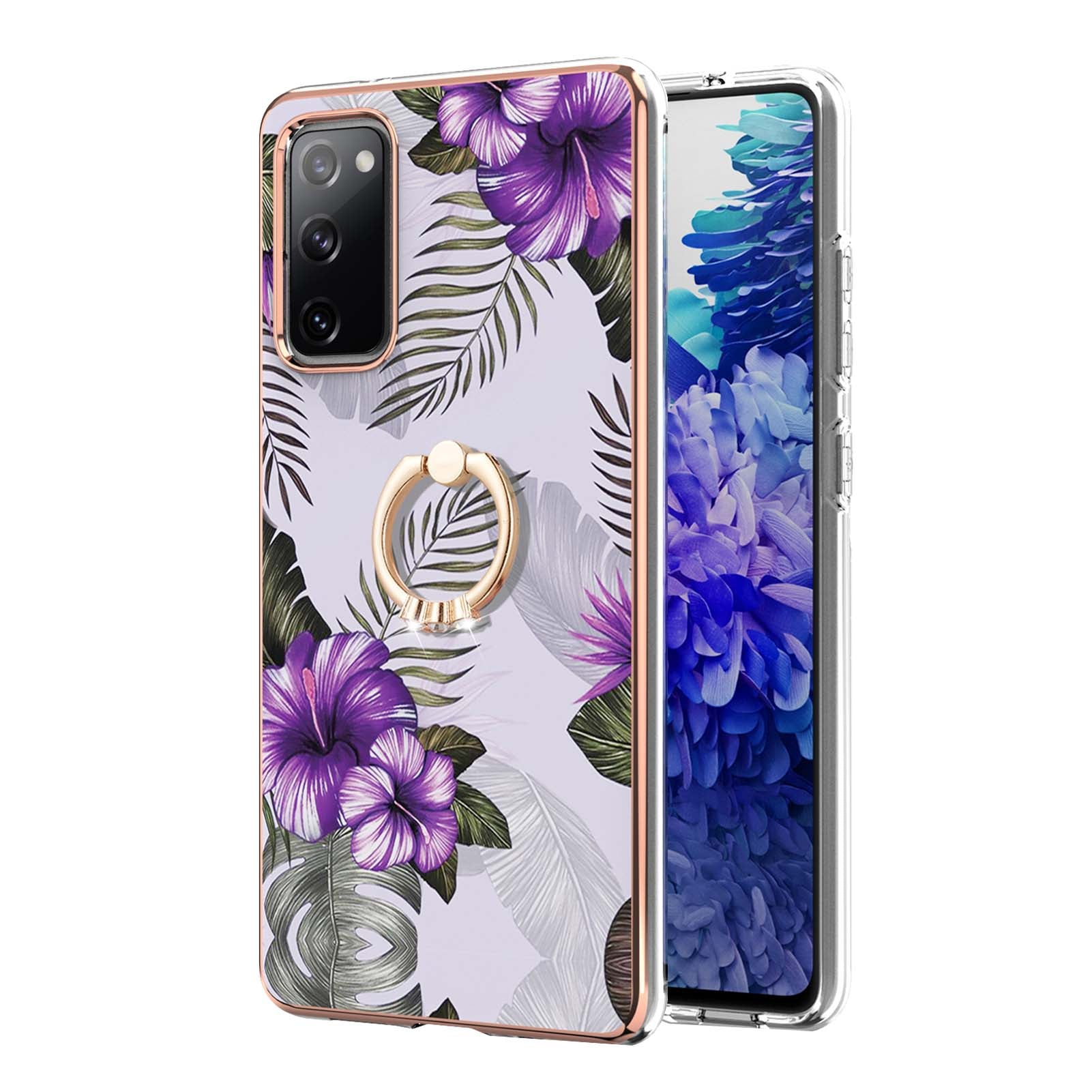 Anti-Drop Durable Shockproof Anti-Yellow IMD Light Marble Pattern TPU Phone Case with Ring Kickstand for Samsung Galaxy S20 FE 2022/S20 FE 4G/S20 FE 5G/S20 Lite - Purple Flowers