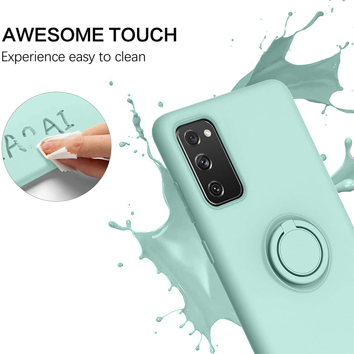 Finger Ring Kickstand Design Liquid Silicone Easy-Clean Phone Protective Case Cover with Hand Strap for Samsung Galaxy S20 FE/S20 FE 5G/S20 Lite - Cyan