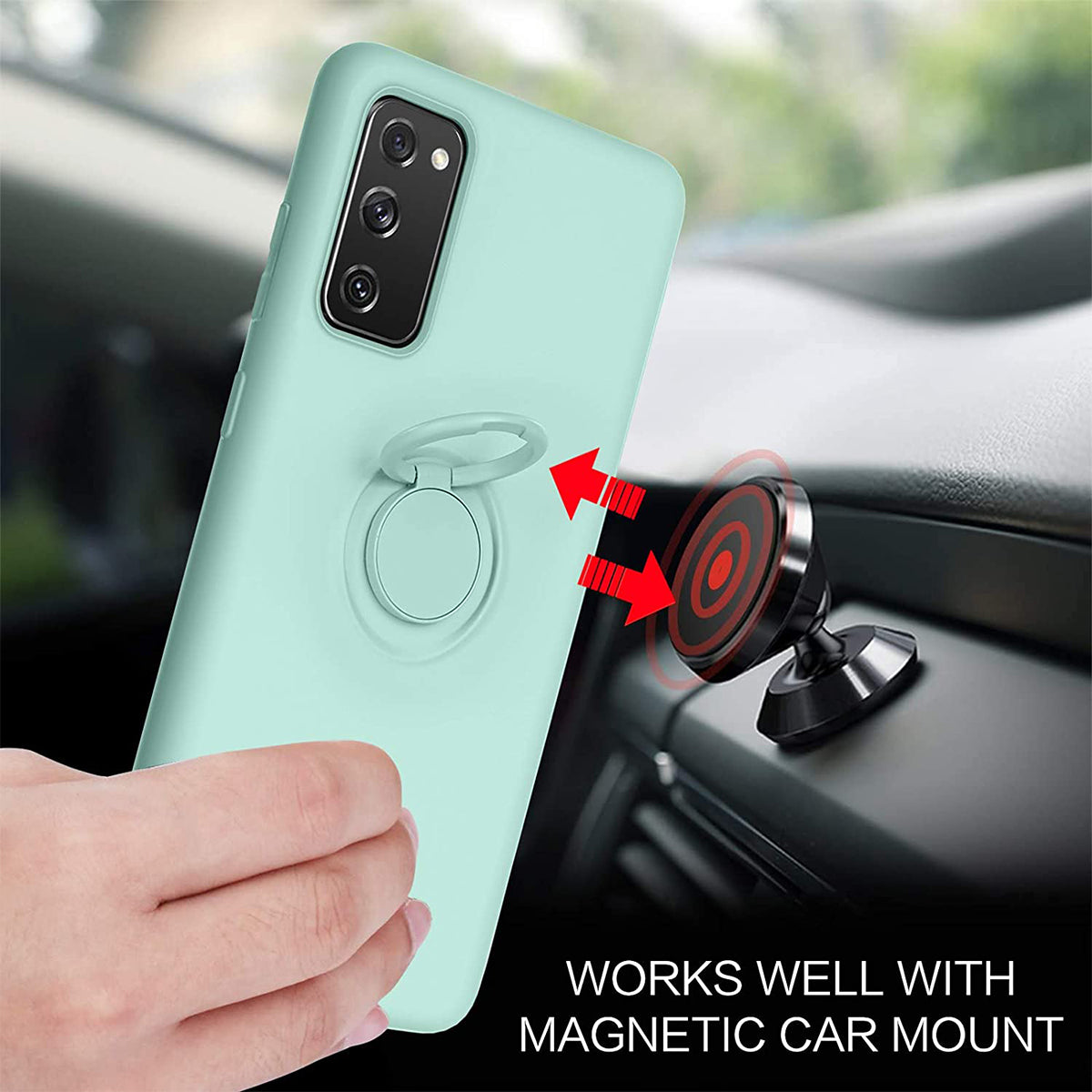 Finger Ring Kickstand Design Liquid Silicone Easy-Clean Phone Protective Case Cover with Hand Strap for Samsung Galaxy S20 FE/S20 FE 5G/S20 Lite - Cyan