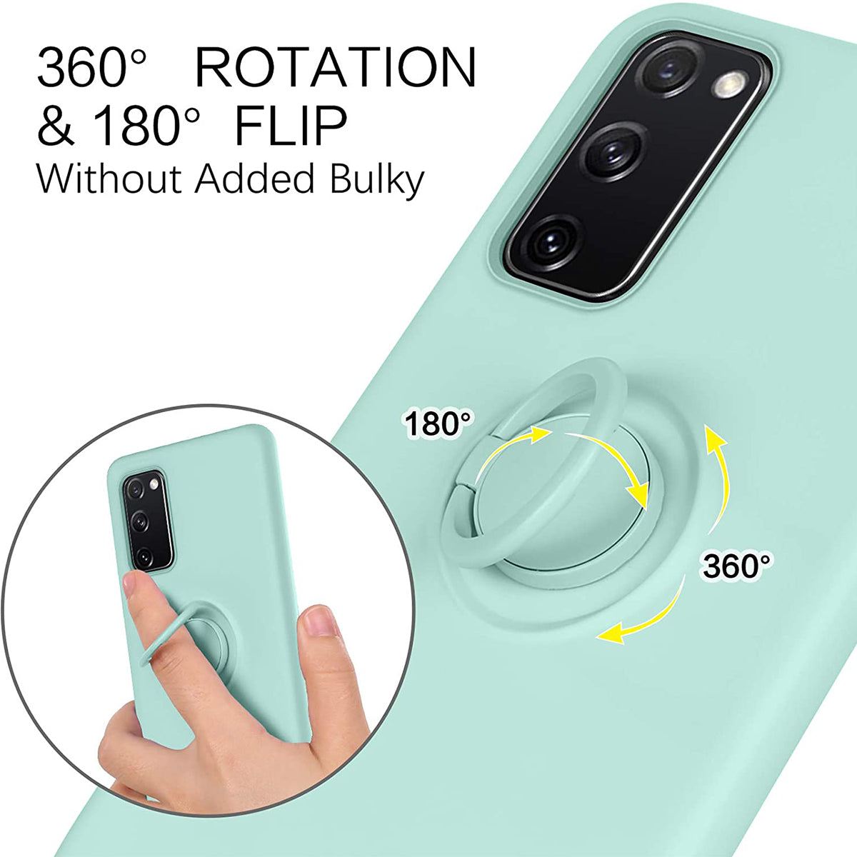 Finger Ring Kickstand Design Liquid Silicone Easy-Clean Phone Protective Case Cover with Hand Strap for Samsung Galaxy S20 FE/S20 FE 5G/S20 Lite - Cyan