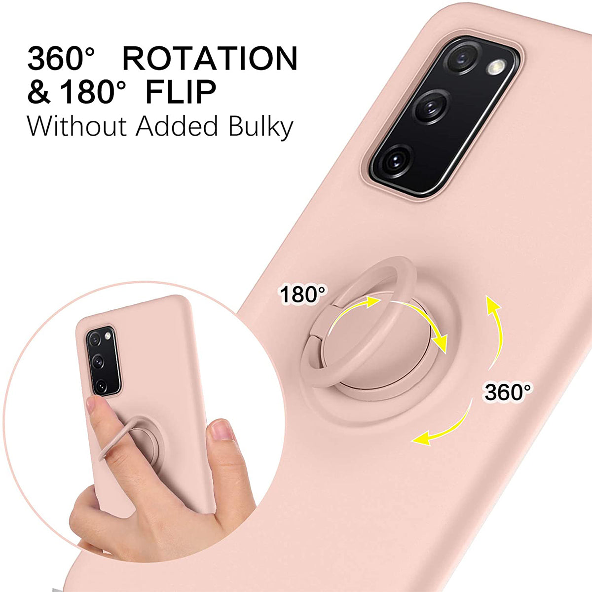 Finger Ring Kickstand Design Liquid Silicone Easy-Clean Phone Protective Case Cover with Hand Strap for Samsung Galaxy S20 FE/S20 FE 5G/S20 Lite - Pink