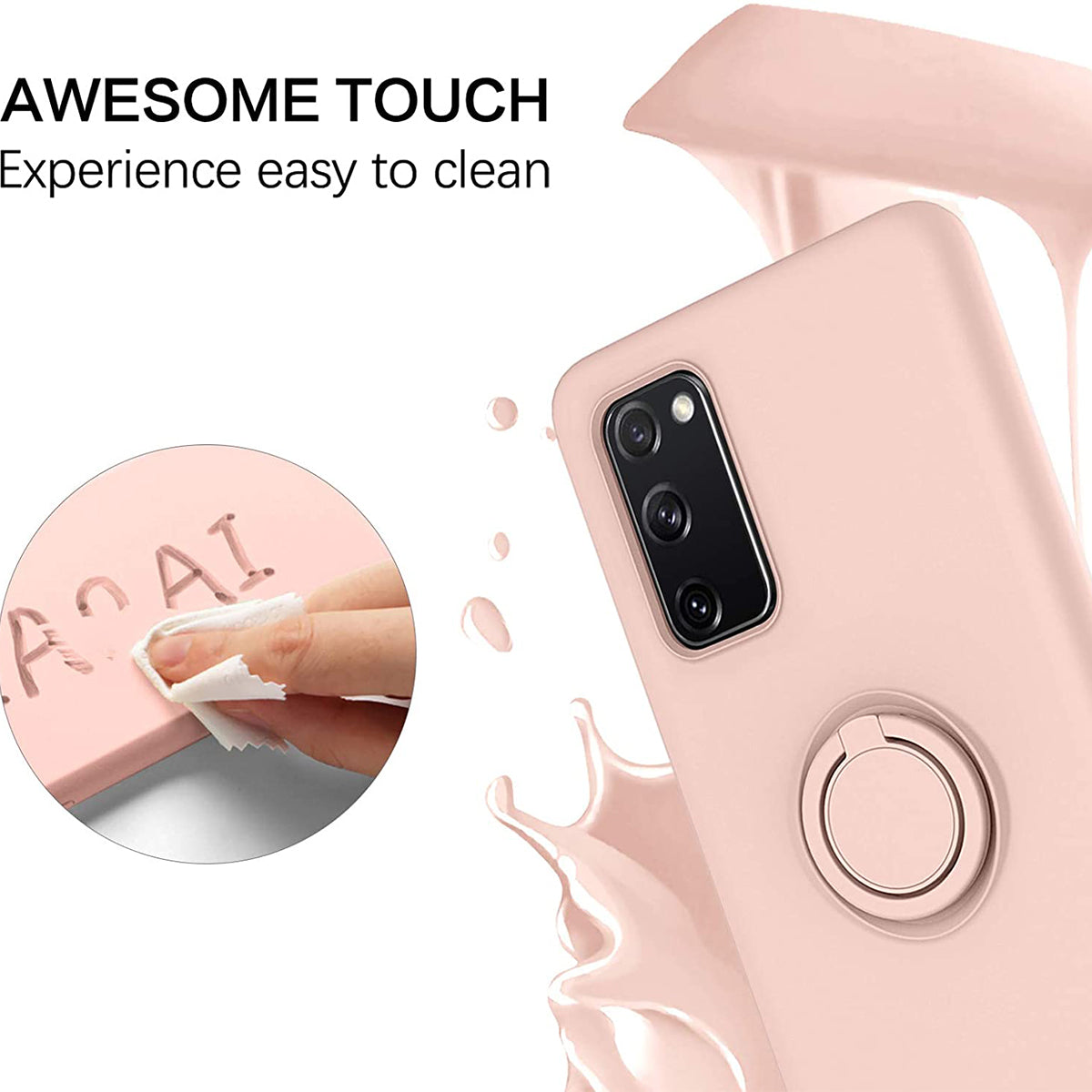 Finger Ring Kickstand Design Liquid Silicone Easy-Clean Phone Protective Case Cover with Hand Strap for Samsung Galaxy S20 FE/S20 FE 5G/S20 Lite - Pink