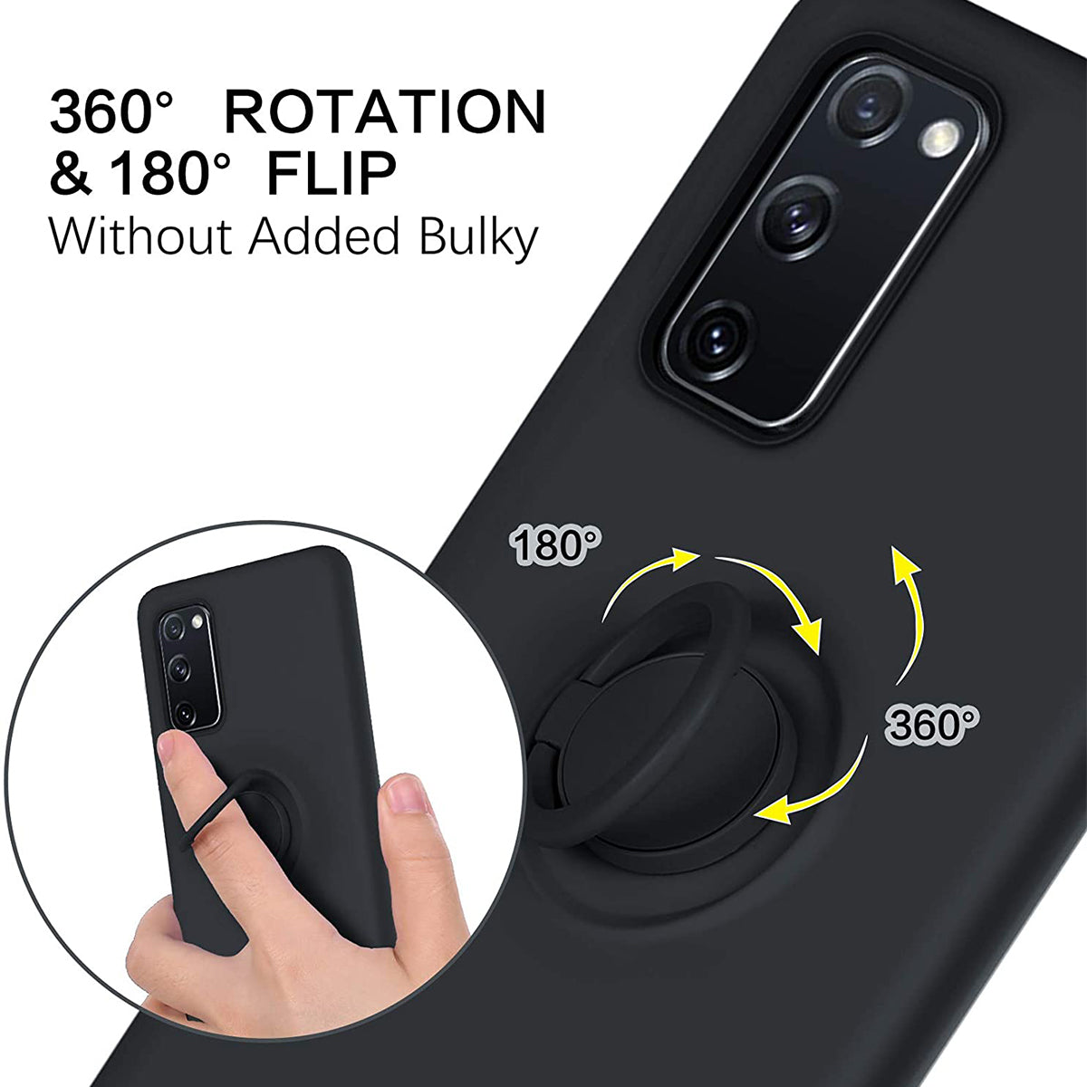 Finger Ring Kickstand Design Liquid Silicone Easy-Clean Phone Protective Case Cover with Hand Strap for Samsung Galaxy S20 FE/S20 FE 5G/S20 Lite - Black