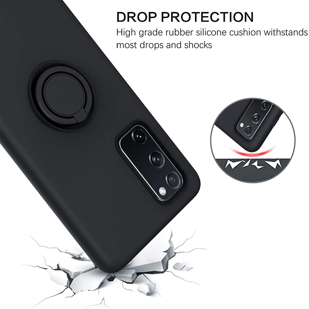 Finger Ring Kickstand Design Liquid Silicone Easy-Clean Phone Protective Case Cover with Hand Strap for Samsung Galaxy S20 FE/S20 FE 5G/S20 Lite - Black