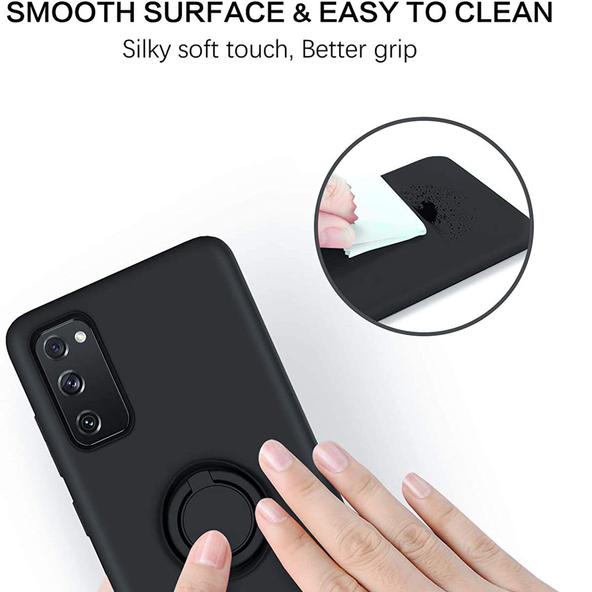 Finger Ring Kickstand Design Liquid Silicone Easy-Clean Phone Protective Case Cover with Hand Strap for Samsung Galaxy S20 FE/S20 FE 5G/S20 Lite - Black