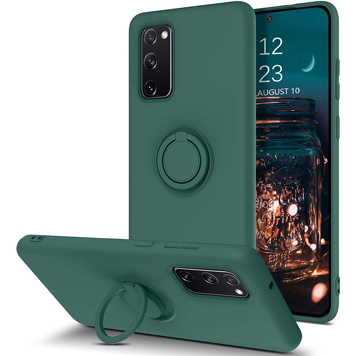 Finger Ring Kickstand Design Liquid Silicone Easy-Clean Phone Protective Case Cover with Hand Strap for Samsung Galaxy S20 FE/S20 FE 5G/S20 Lite - Blackish Green