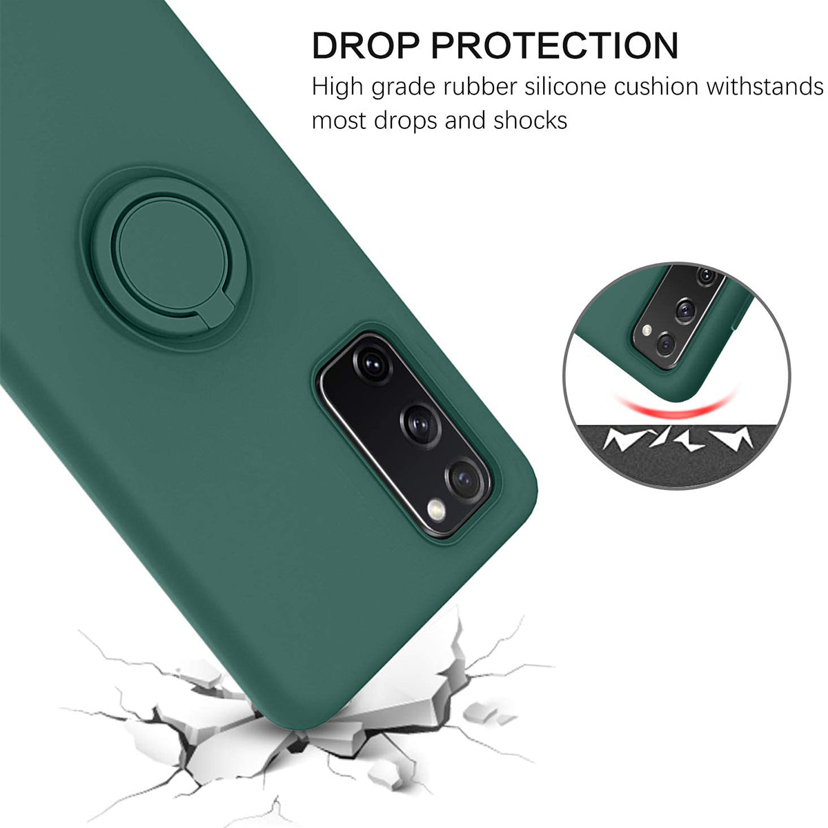 Finger Ring Kickstand Design Liquid Silicone Easy-Clean Phone Protective Case Cover with Hand Strap for Samsung Galaxy S20 FE/S20 FE 5G/S20 Lite - Blackish Green