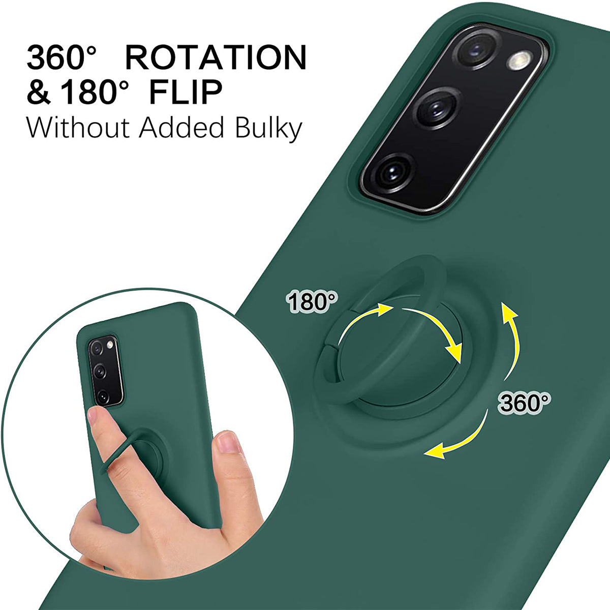 Finger Ring Kickstand Design Liquid Silicone Easy-Clean Phone Protective Case Cover with Hand Strap for Samsung Galaxy S20 FE/S20 FE 5G/S20 Lite - Blackish Green