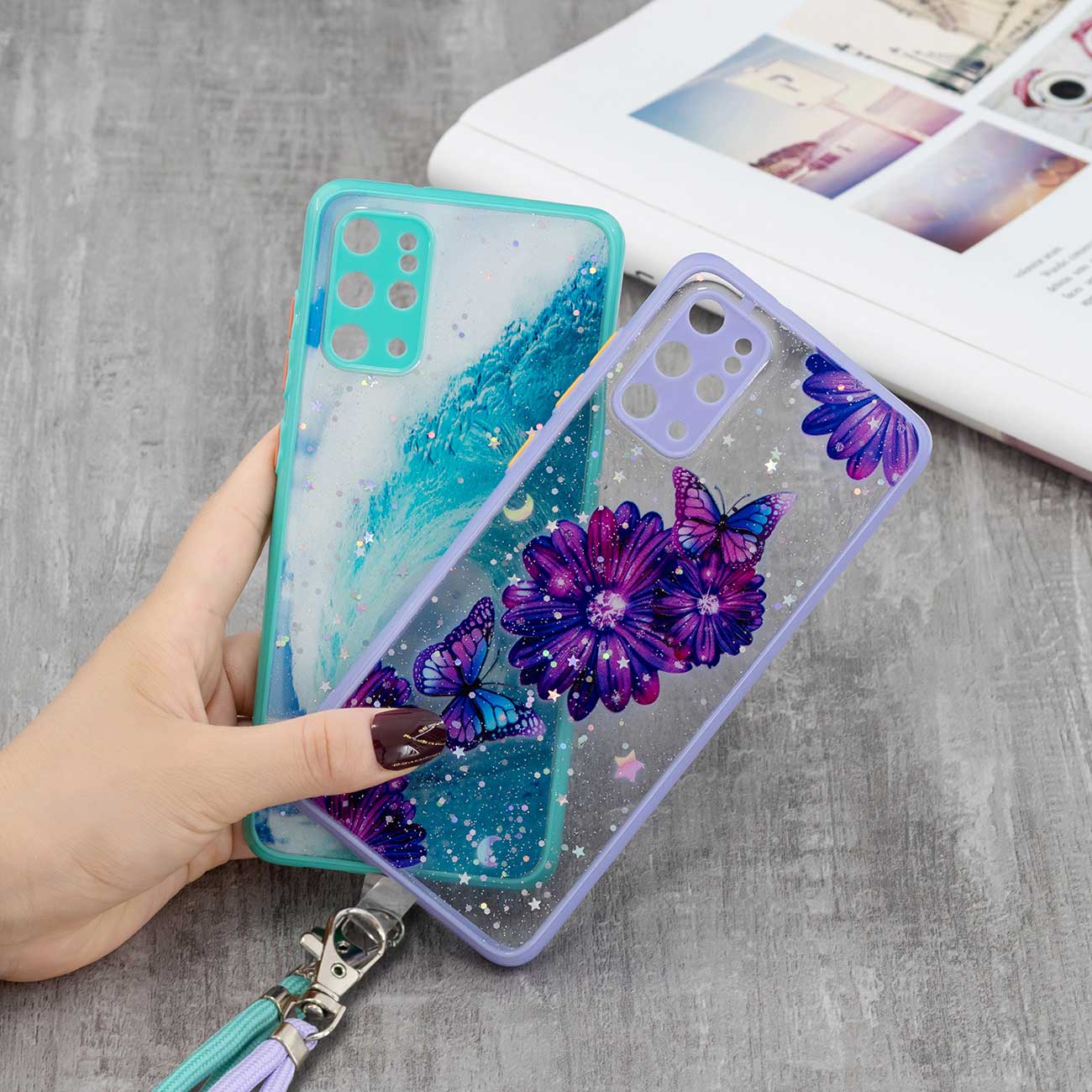 Pattern Printing PC + TPU Hybrid Case with Carrying Strap Clear Phone Shell for Samsung Galaxy S20 Plus 4G/5G - Wave