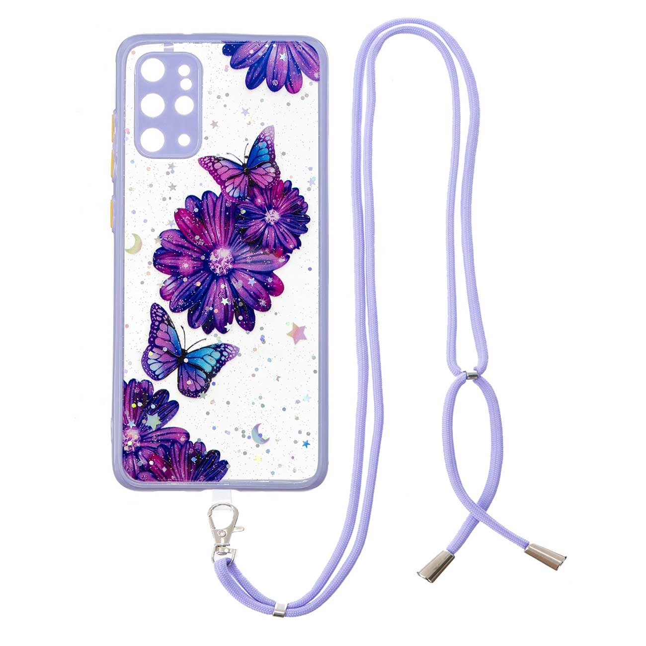 Pattern Printing PC + TPU Hybrid Case with Carrying Strap Clear Phone Shell for Samsung Galaxy S20 Plus 4G/5G - Purple Flower Butterfly