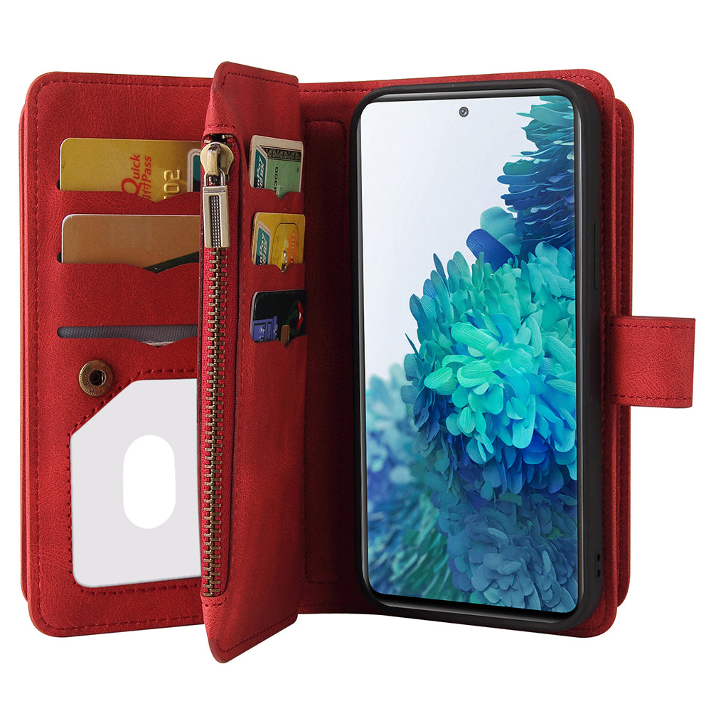 For Samsung Galaxy S20 FE 2022/S20 FE 4G/S20 FE 5G/S20 Lite KT Multi-functional Series-2 All-Round Protections Multiple Card Slots Folio Flip Phone Case with Zipper Pocket and Stand - Red