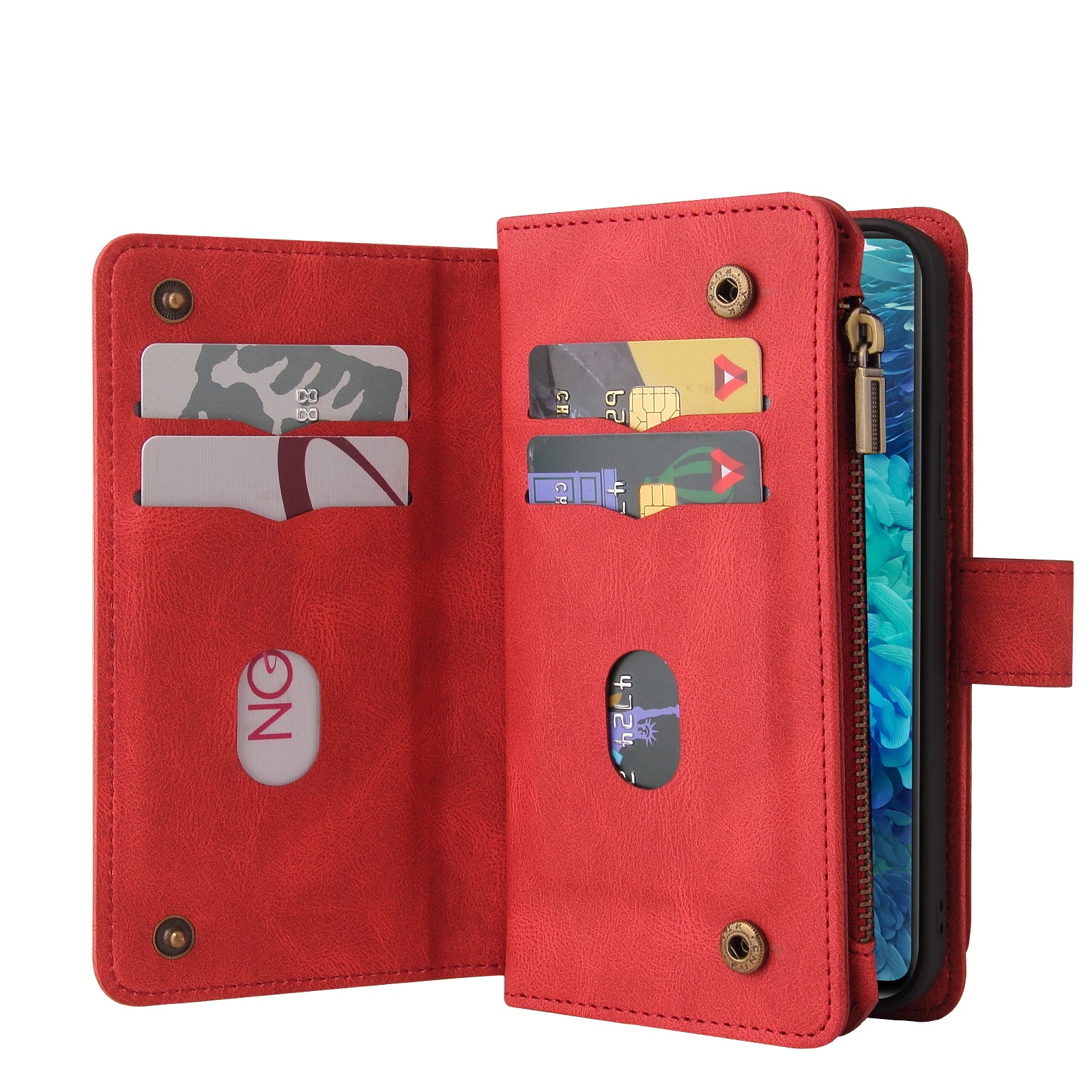 For Samsung Galaxy S20 FE 2022/S20 FE 4G/S20 FE 5G/S20 Lite KT Multi-functional Series-2 All-Round Protections Multiple Card Slots Folio Flip Phone Case with Zipper Pocket and Stand - Red