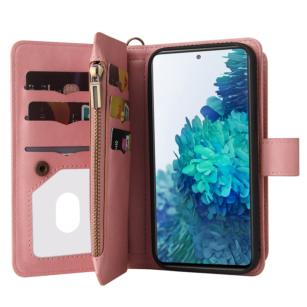 For Samsung Galaxy S20 FE 2022/S20 FE 4G/S20 FE 5G/S20 Lite KT Multi-functional Series-2 All-Round Protections Multiple Card Slots Folio Flip Phone Case with Zipper Pocket and Stand - Pink