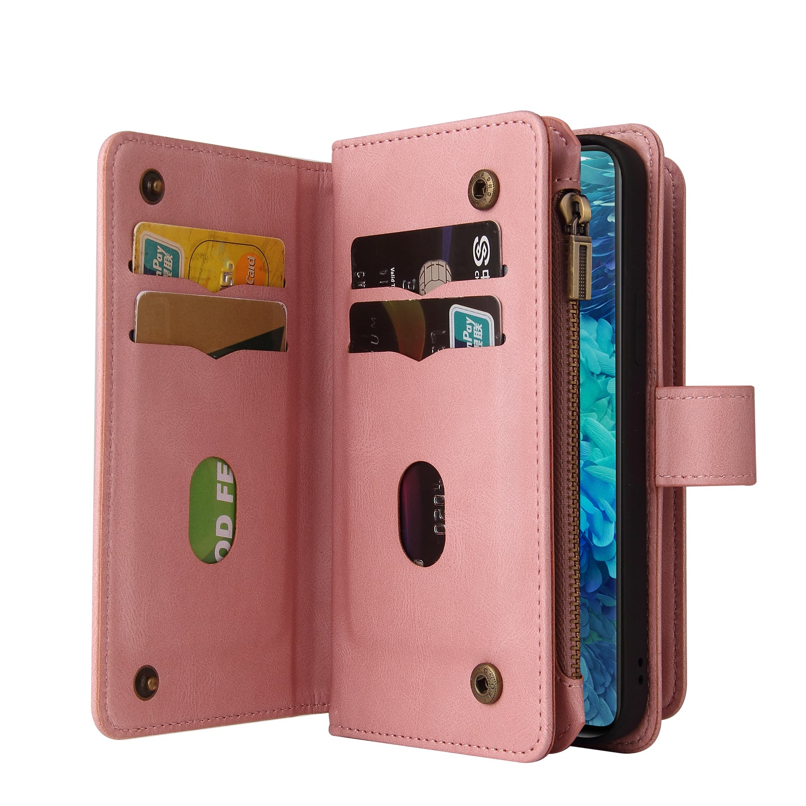 For Samsung Galaxy S20 FE 2022/S20 FE 4G/S20 FE 5G/S20 Lite KT Multi-functional Series-2 All-Round Protections Multiple Card Slots Folio Flip Phone Case with Zipper Pocket and Stand - Pink