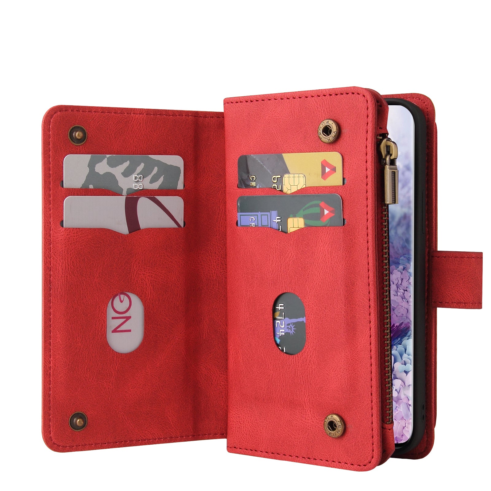 For Samsung Galaxy S20 4G/S20 5G KT Multi-functional Series-2 Multiple Card Slots Scratch-proof TPU Inner Shell Phone Case with Zipper Pocket and Stand - Red