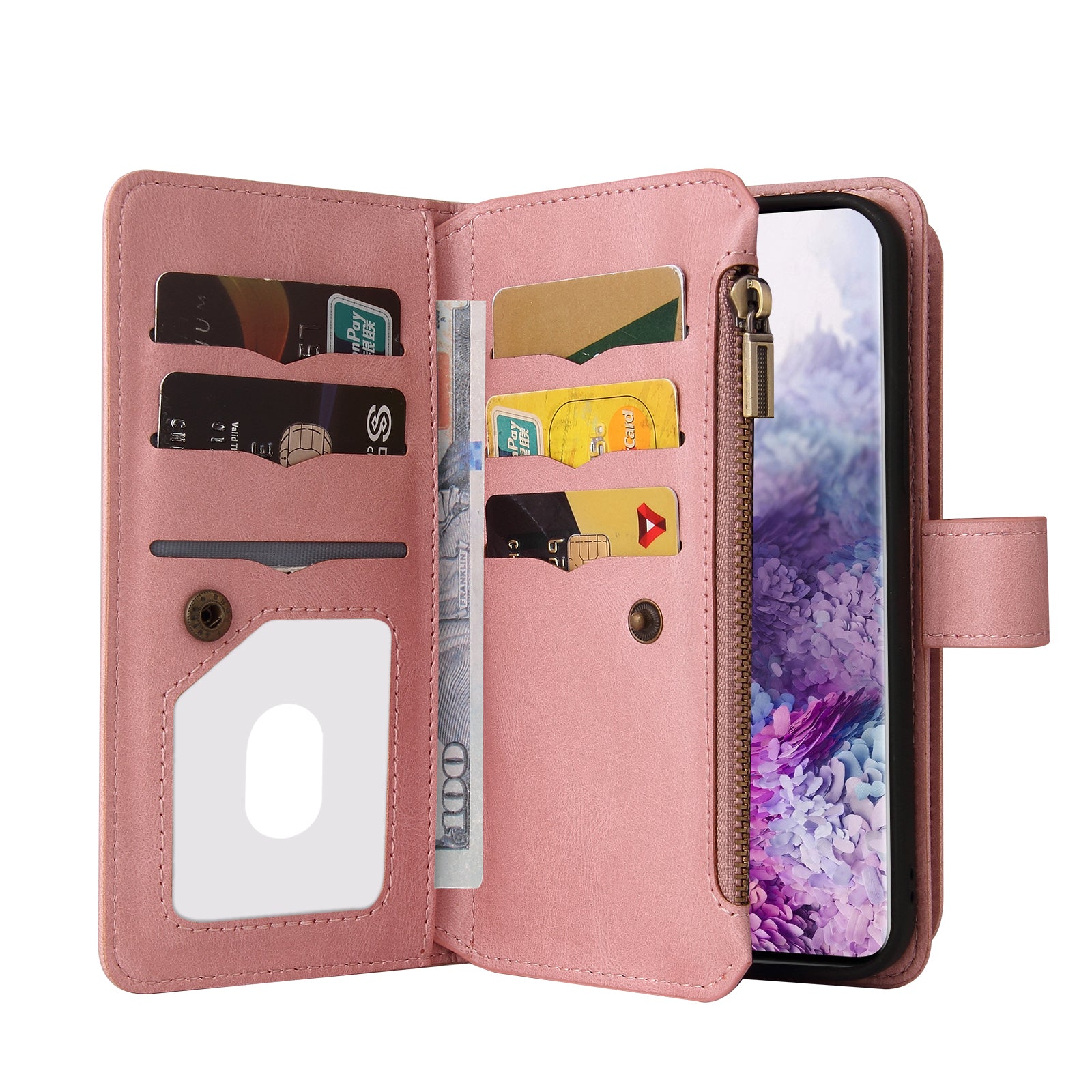 For Samsung Galaxy S20 4G/S20 5G KT Multi-functional Series-2 Multiple Card Slots Scratch-proof TPU Inner Shell Phone Case with Zipper Pocket and Stand - Pink