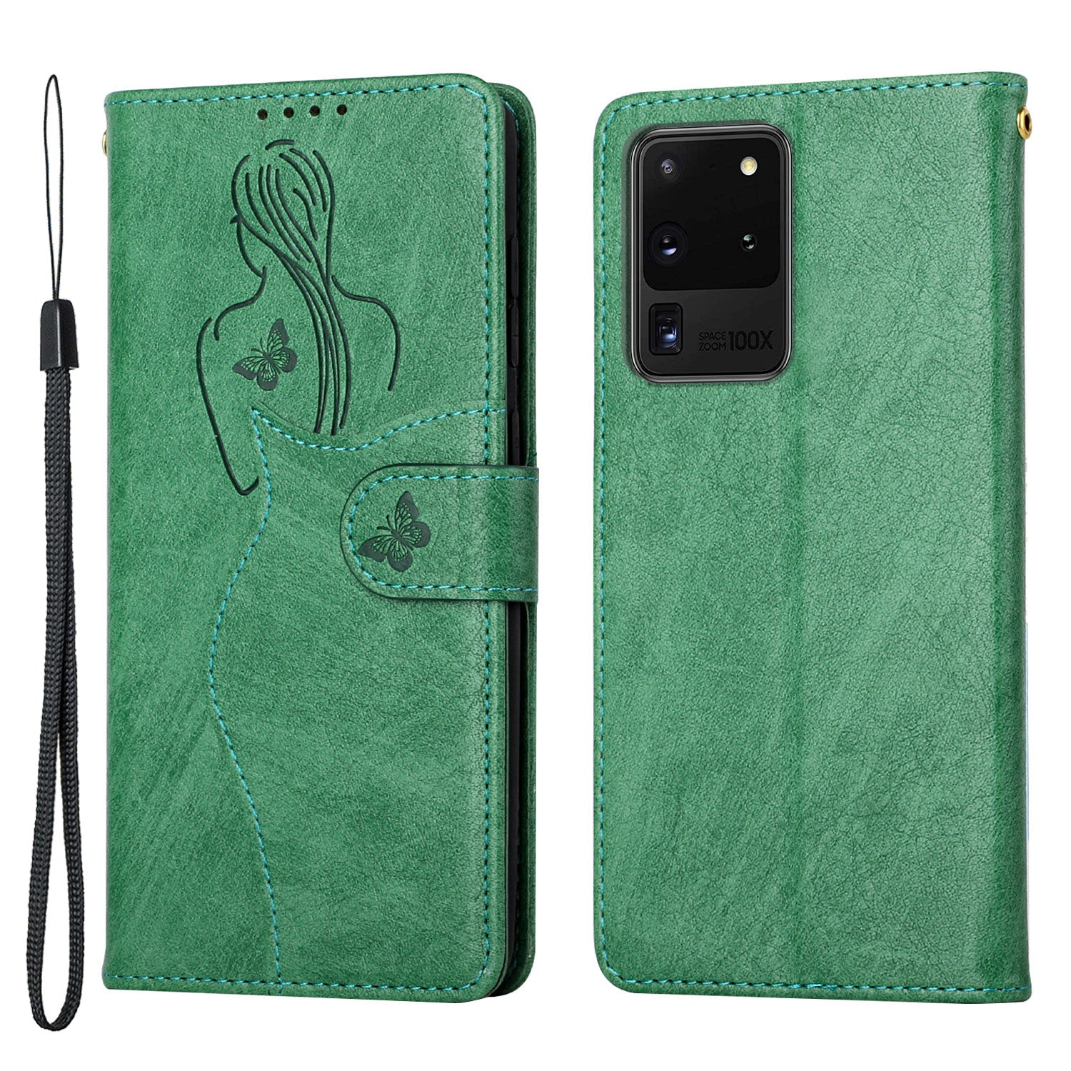 Imprinting Girl Pattern Stand Wallet Design PU Leather Protective Phone Case Shell for Samsung Galaxy S20 Ultra - Green