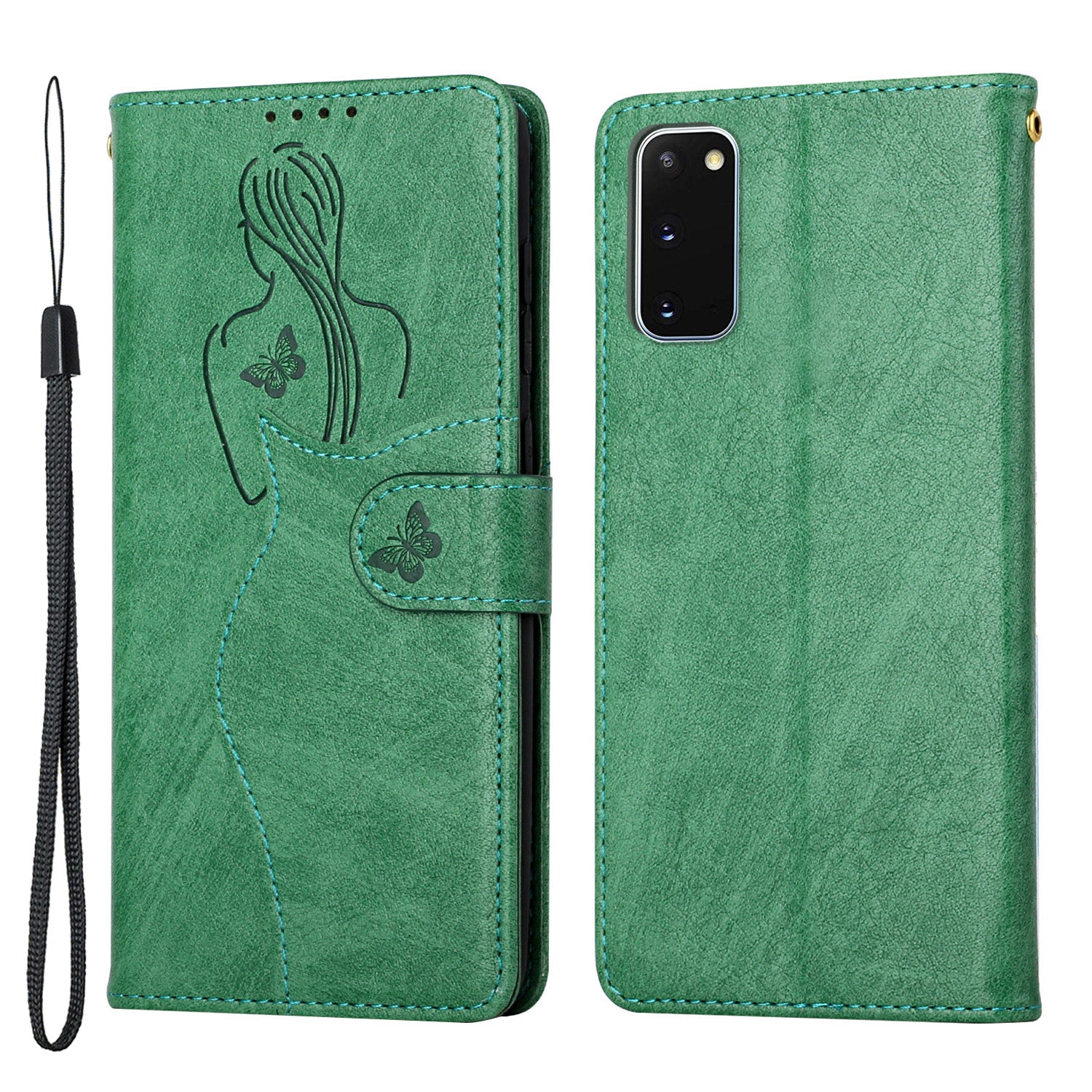 Imprinting Girl Pattern Folio Flip Leather Phone Wallet Case Cover with Stand for Samsung Galaxy S20 4G/S20 5G - Green