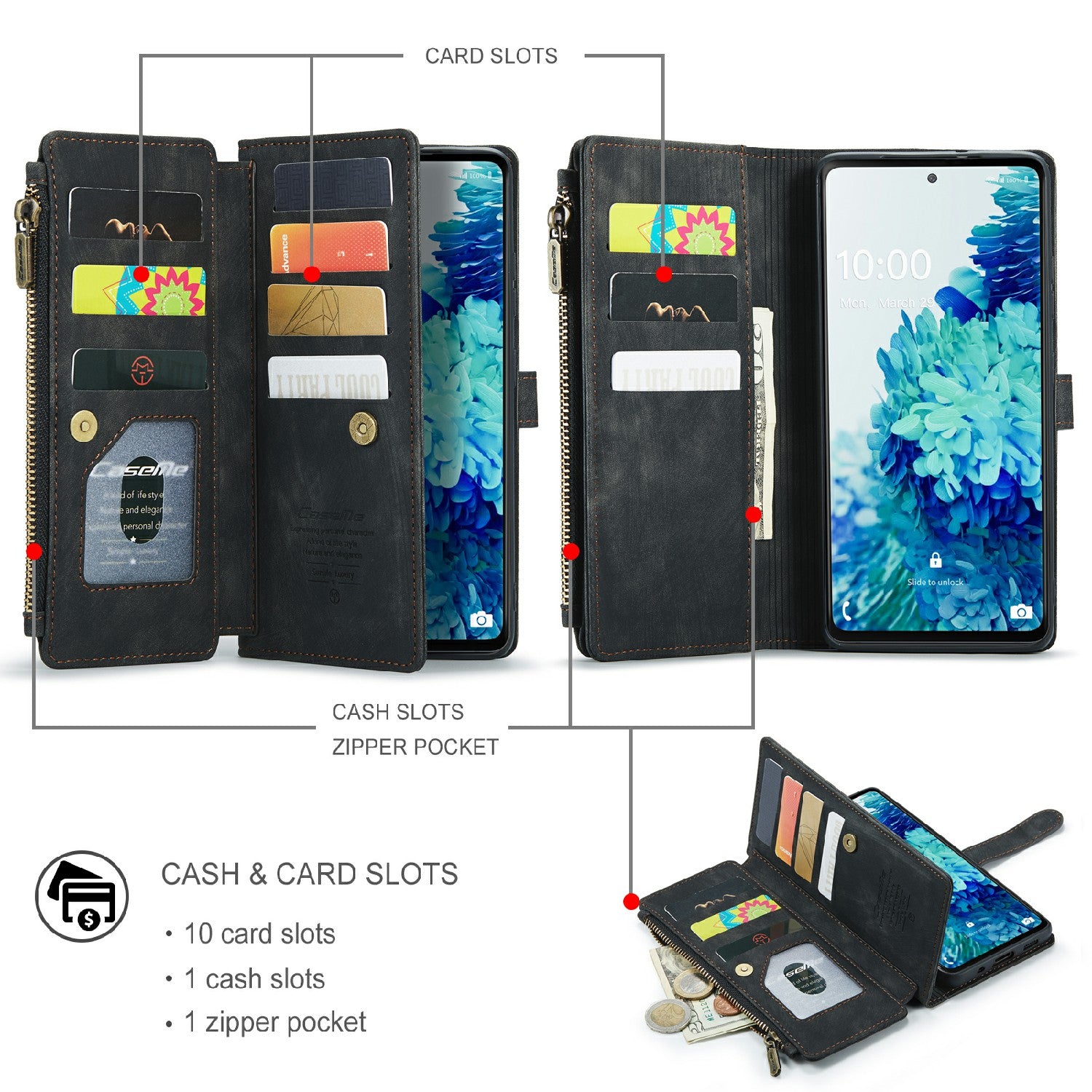 CASEME C30 Series Anti-Scratch Full Body Protective Cover with Multiple Card Slots and Zipper Pocket for Samsung Galaxy S20 FE 2022/S20 FE 4G/S20 FE 5G/S20 Lite - Black