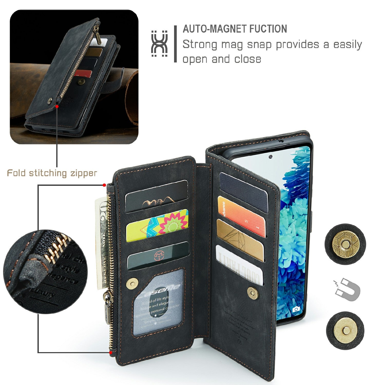 CASEME C30 Series Anti-Scratch Full Body Protective Cover with Multiple Card Slots and Zipper Pocket for Samsung Galaxy S20 FE 2022/S20 FE 4G/S20 FE 5G/S20 Lite - Black