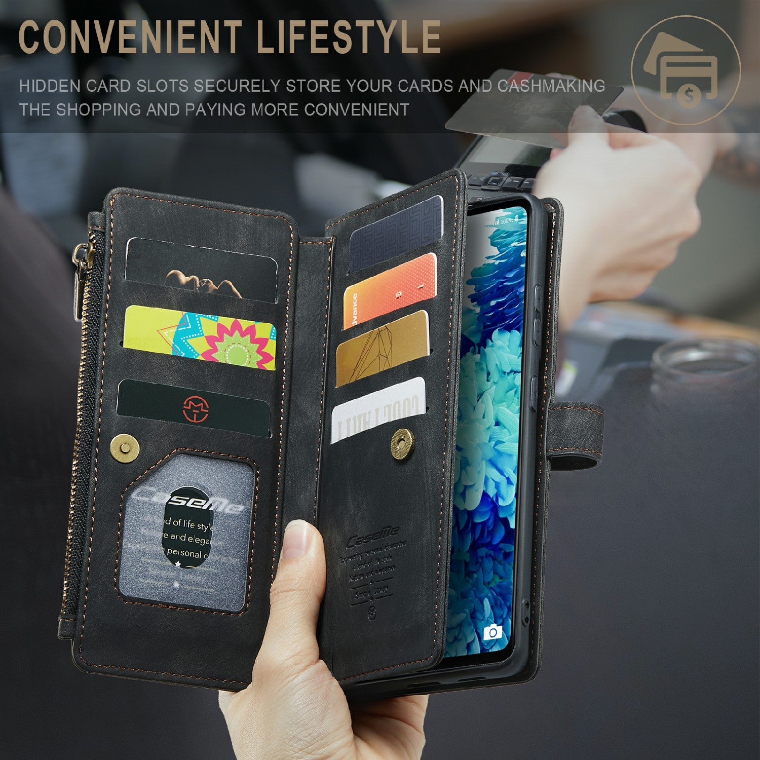 CASEME C30 Series Anti-Scratch Full Body Protective Cover with Multiple Card Slots and Zipper Pocket for Samsung Galaxy S20 FE 2022/S20 FE 4G/S20 FE 5G/S20 Lite - Black