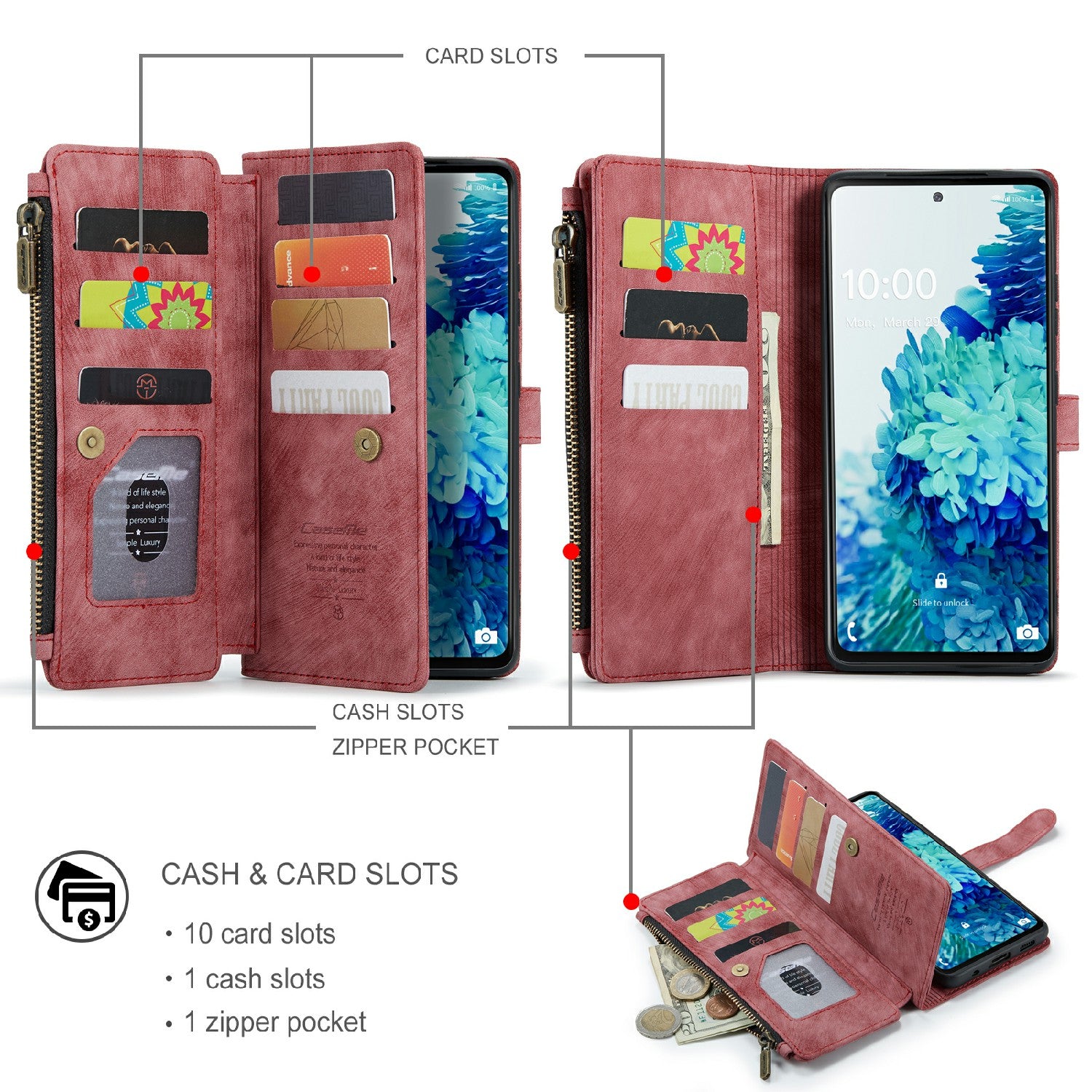 CASEME C30 Series Anti-Scratch Full Body Protective Cover with Multiple Card Slots and Zipper Pocket for Samsung Galaxy S20 FE 2022/S20 FE 4G/S20 FE 5G/S20 Lite - Red