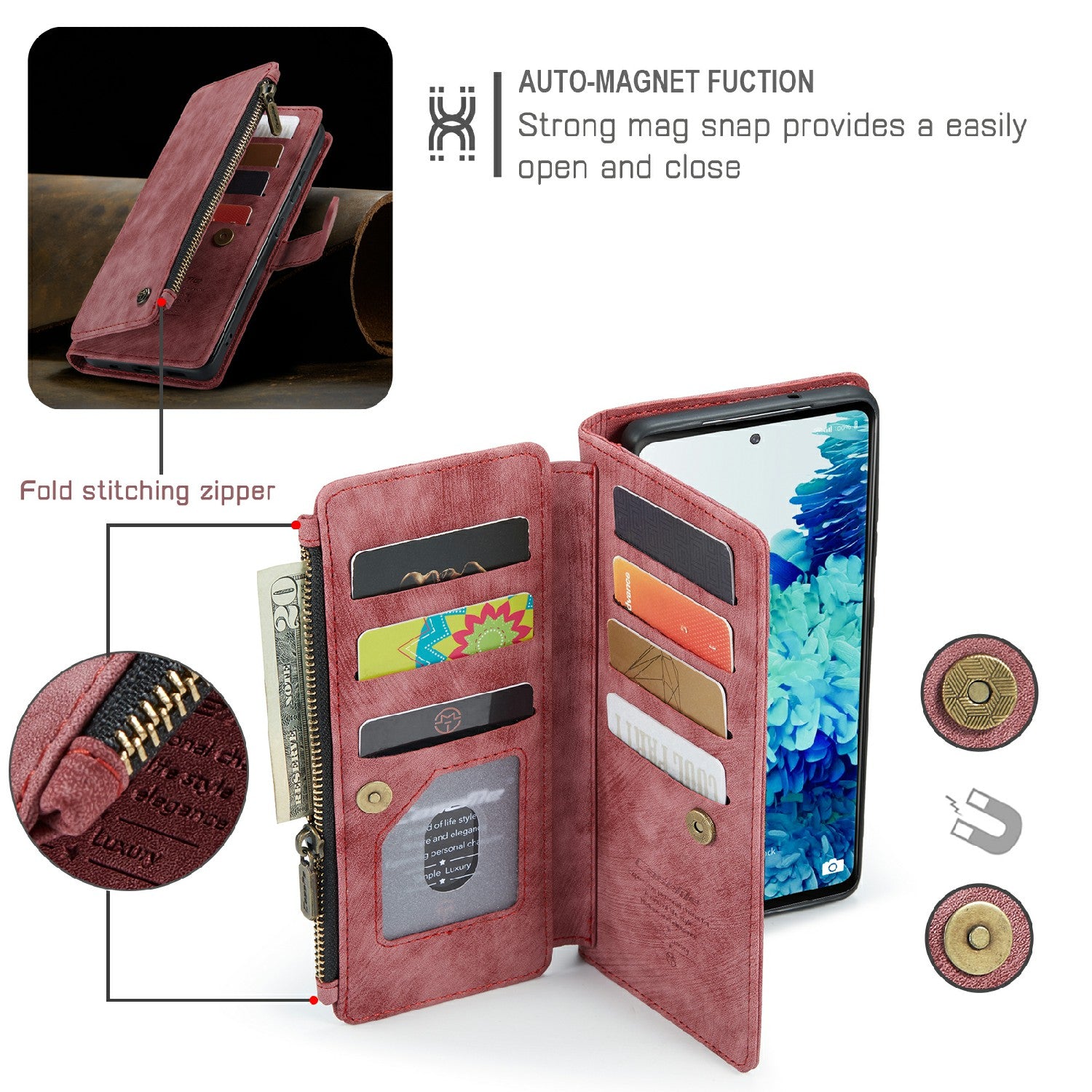 CASEME C30 Series Anti-Scratch Full Body Protective Cover with Multiple Card Slots and Zipper Pocket for Samsung Galaxy S20 FE 2022/S20 FE 4G/S20 FE 5G/S20 Lite - Red