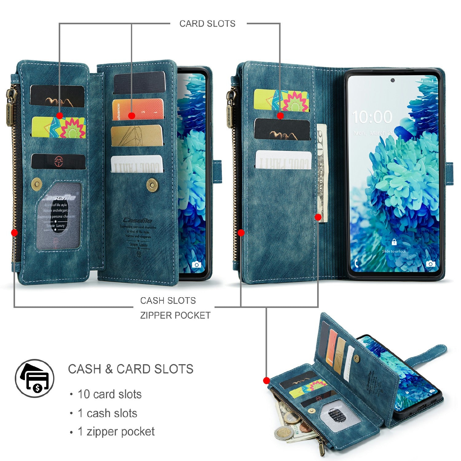 CASEME C30 Series Anti-Scratch Full Body Protective Cover with Multiple Card Slots and Zipper Pocket for Samsung Galaxy S20 FE 2022/S20 FE 4G/S20 FE 5G/S20 Lite - Green