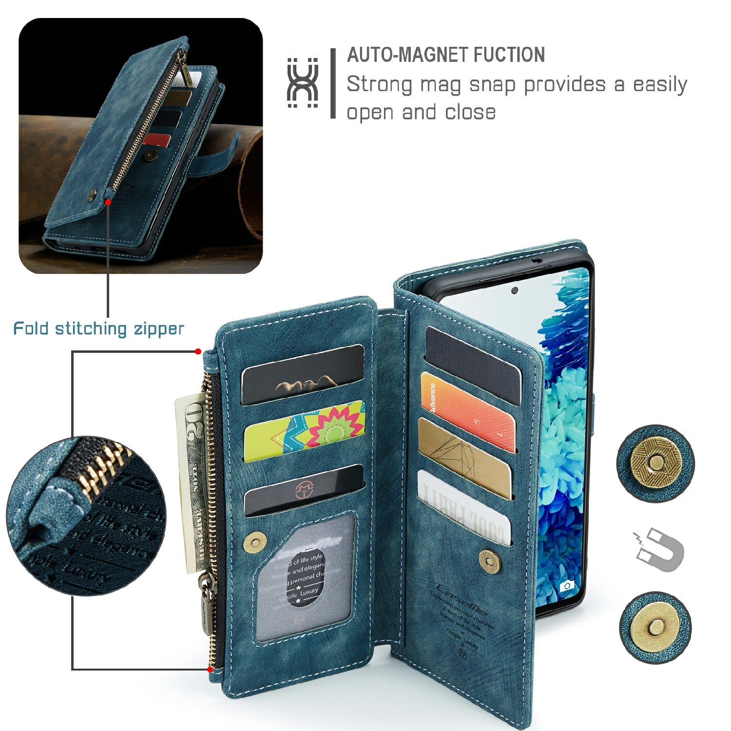 CASEME C30 Series Anti-Scratch Full Body Protective Cover with Multiple Card Slots and Zipper Pocket for Samsung Galaxy S20 FE 2022/S20 FE 4G/S20 FE 5G/S20 Lite - Green