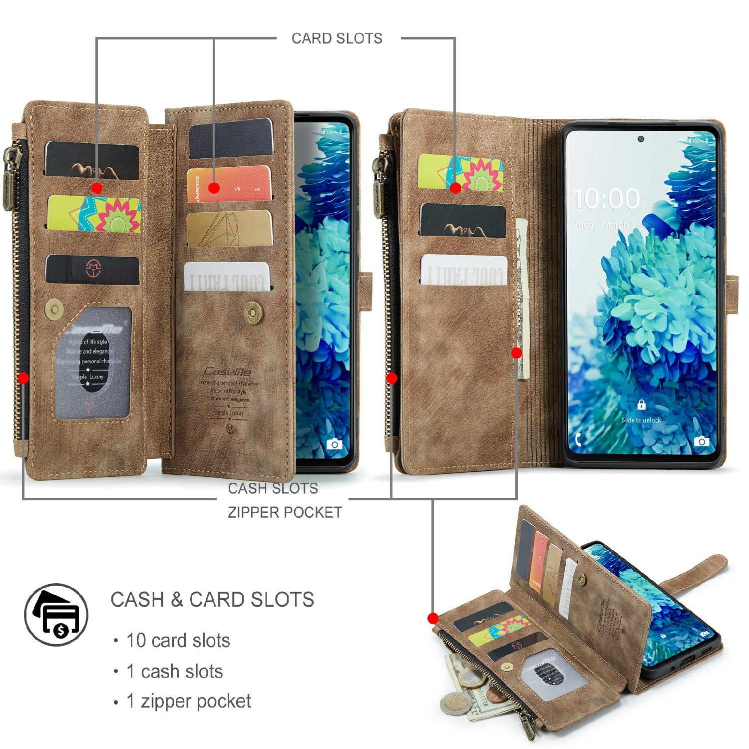 CASEME C30 Series Anti-Scratch Full Body Protective Cover with Multiple Card Slots and Zipper Pocket for Samsung Galaxy S20 FE 2022/S20 FE 4G/S20 FE 5G/S20 Lite - Brown