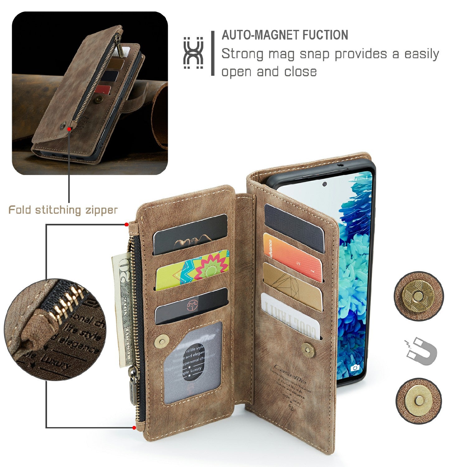 CASEME C30 Series Anti-Scratch Full Body Protective Cover with Multiple Card Slots and Zipper Pocket for Samsung Galaxy S20 FE 2022/S20 FE 4G/S20 FE 5G/S20 Lite - Brown