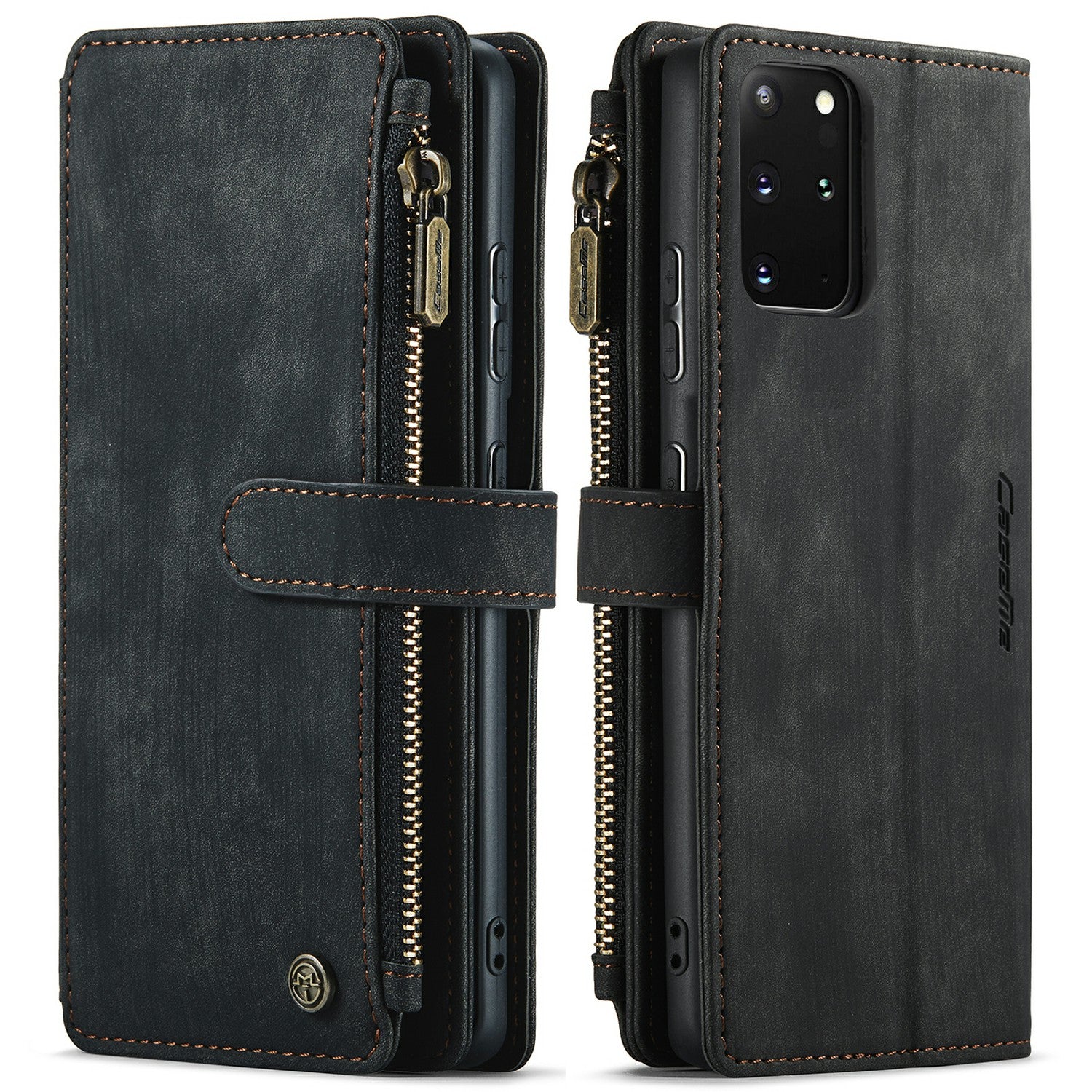 CASEME C30 Series Zipper Pocket Shockproof Built-in 10 Card Slots TPU PU Leather Wallet Phone Protective Case Phone Cover for Samsung Galaxy S20 Plus - Black