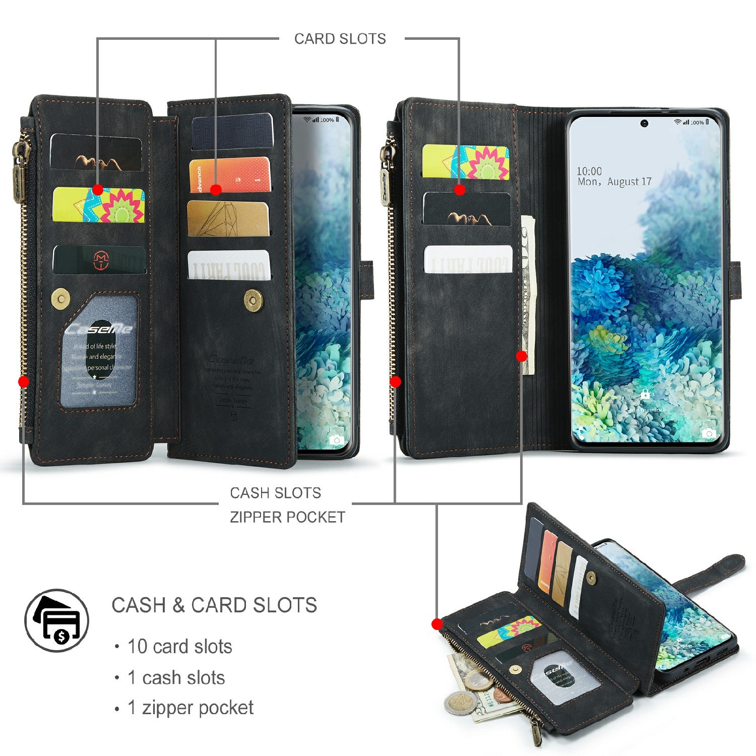 CASEME C30 Series Zipper Pocket Shockproof Built-in 10 Card Slots TPU PU Leather Wallet Phone Protective Case Phone Cover for Samsung Galaxy S20 Plus - Black