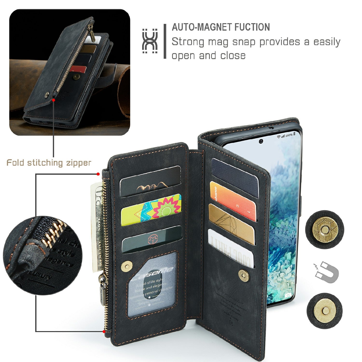 CASEME C30 Series Zipper Pocket Shockproof Built-in 10 Card Slots TPU PU Leather Wallet Phone Protective Case Phone Cover for Samsung Galaxy S20 Plus - Black