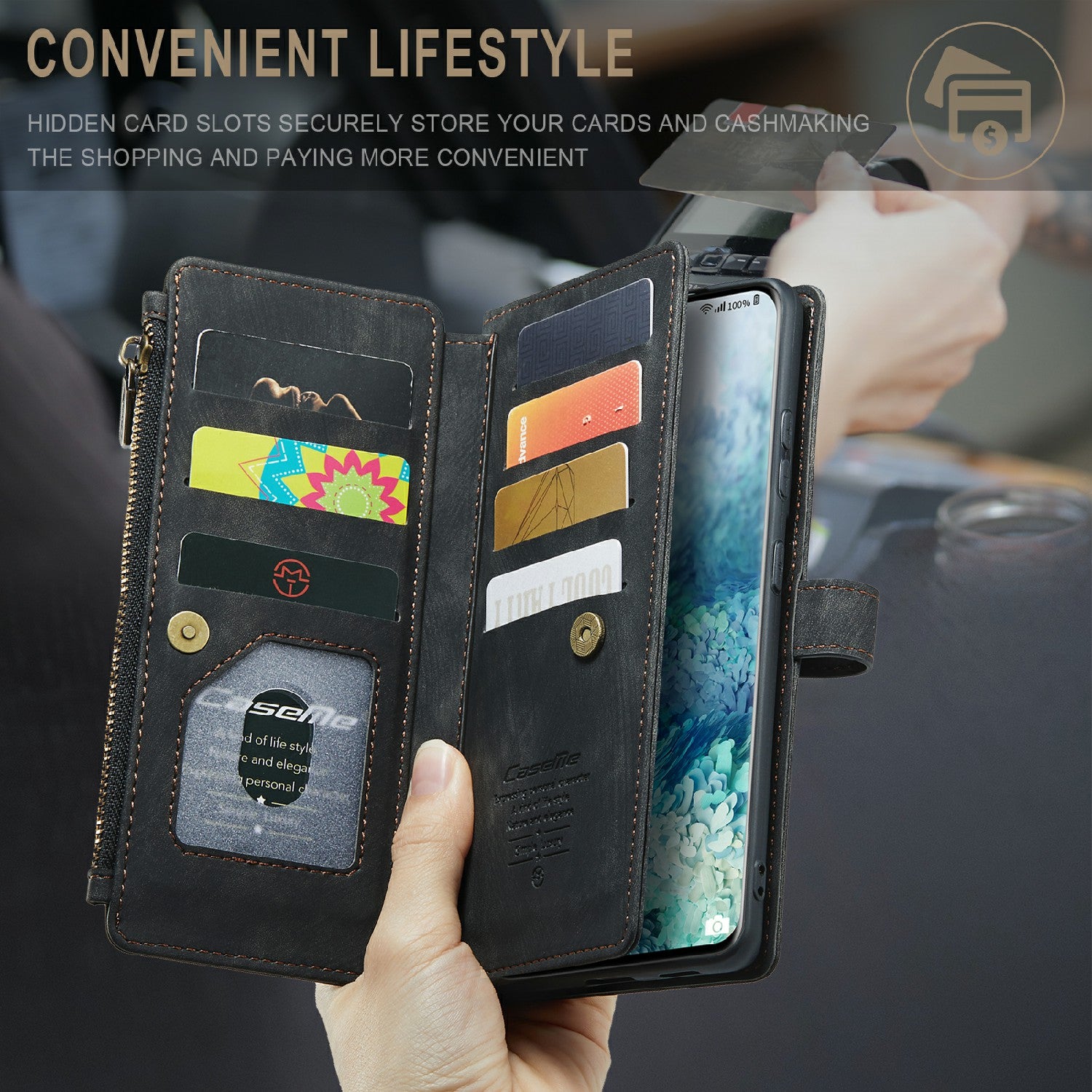 CASEME C30 Series Zipper Pocket Shockproof Built-in 10 Card Slots TPU PU Leather Wallet Phone Protective Case Phone Cover for Samsung Galaxy S20 Plus - Black