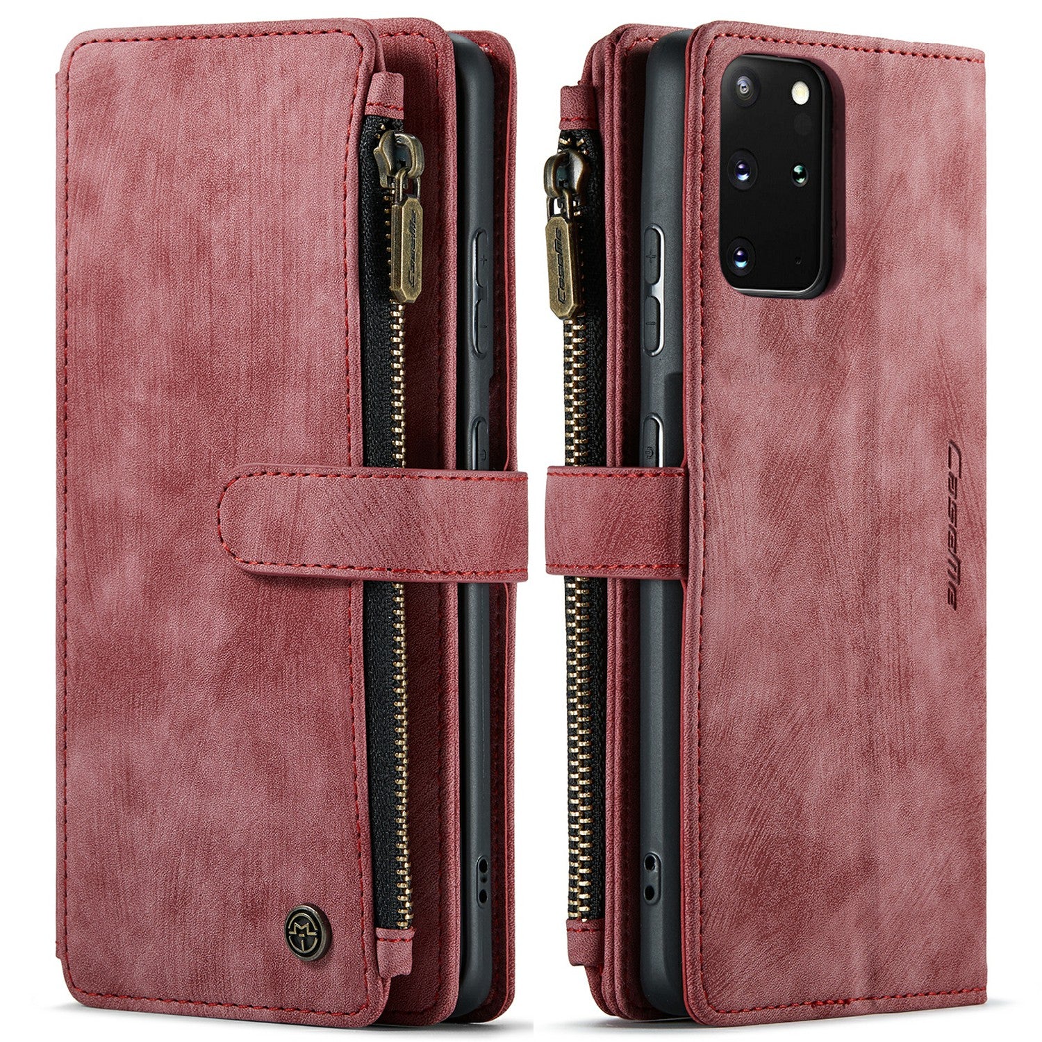 CASEME C30 Series Zipper Pocket Shockproof Built-in 10 Card Slots TPU PU Leather Wallet Phone Protective Case Phone Cover for Samsung Galaxy S20 Plus - Red