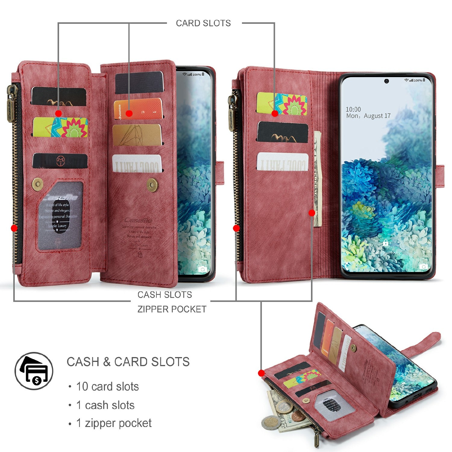 CASEME C30 Series Zipper Pocket Shockproof Built-in 10 Card Slots TPU PU Leather Wallet Phone Protective Case Phone Cover for Samsung Galaxy S20 Plus - Red