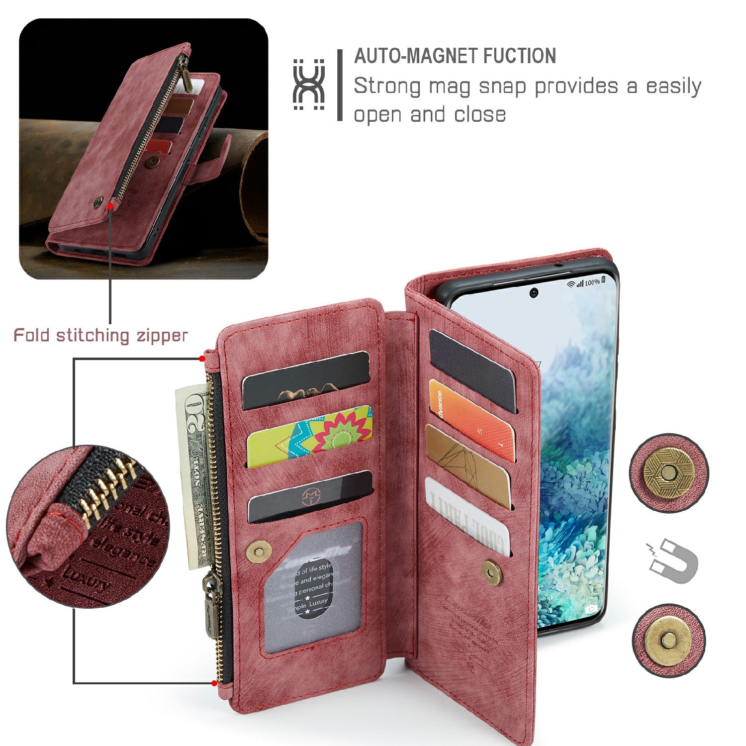 CASEME C30 Series Zipper Pocket Shockproof Built-in 10 Card Slots TPU PU Leather Wallet Phone Protective Case Phone Cover for Samsung Galaxy S20 Plus - Red